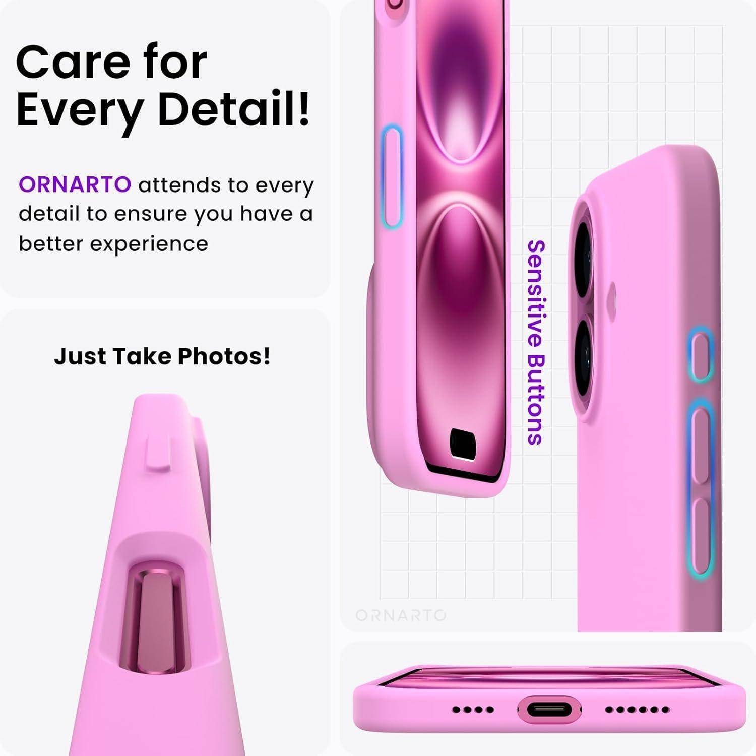 Handyhülle in Rosa mit präzisen Ausschnitten und empfindlichen Tasten. Text lautet: 