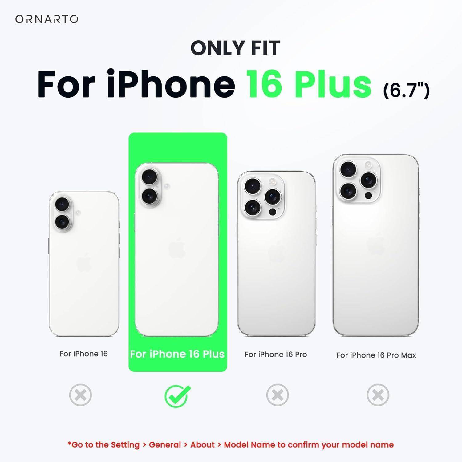 Vier iPhone-Modelle im Größenvergleich gezeigt. Das 'iPhone 16 Plus (6,7