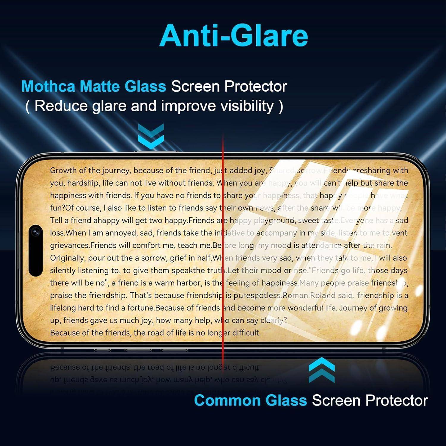 Anti-Glare Mothca Mattes Glasschutzfolie reduziert Blendung und verbessert die Sichtbarkeit. Vergleich zeigt den Anti-Glare-Effekt im Vergleich zu gewöhnlichem Glas.