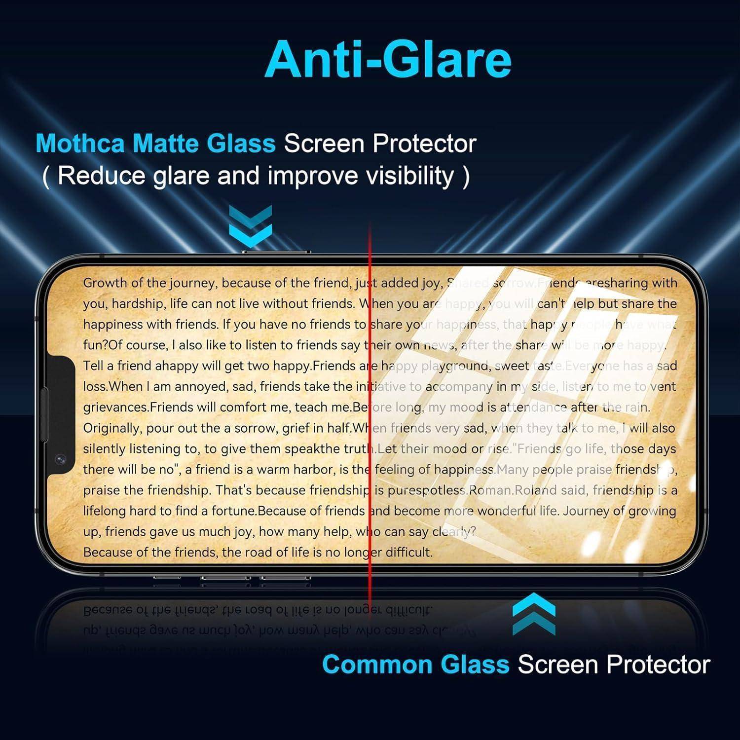 Anti-Glare Mothca Mattglas-Displayschutz: Reduziert Blendung, verbessert Sichtbarkeit. Vergleich zeigt weniger Reflexionen im Vergleich zu herkömmlichem Glas.
