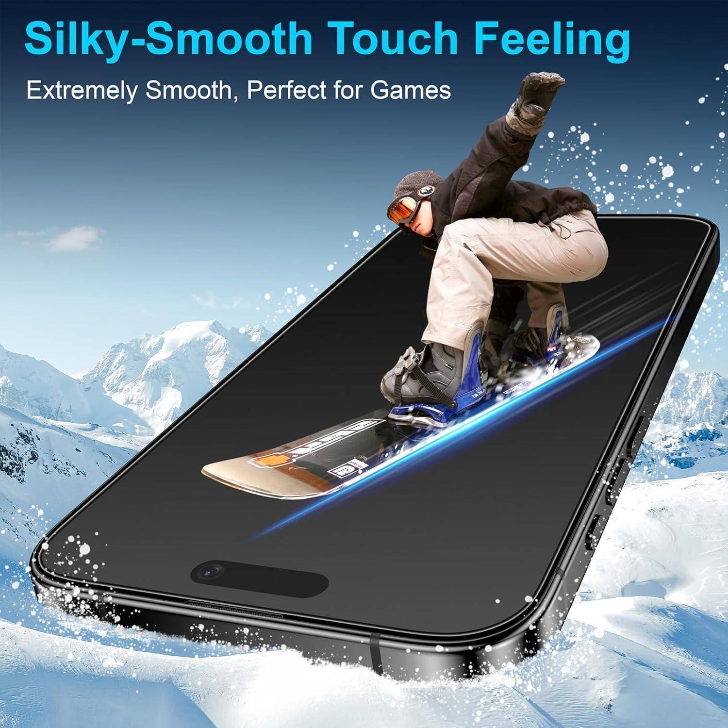 Ein Snowboarder scheint von einem Smartphone-Bildschirm zu gleiten, mit dem Text ‚Seidig-Glatte Berührung, Extrem Glatt, Perfekt für Spiele' darüber.