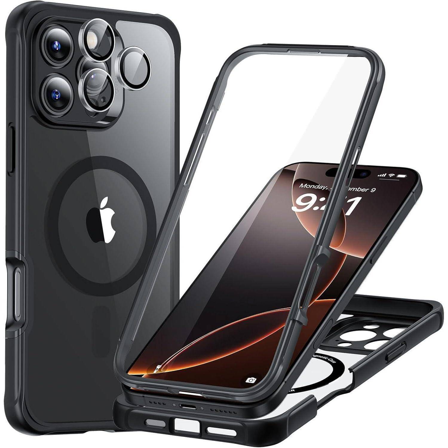 Ein Smartphone mit schwarzer Schutzhülle und Objektivschutz, auf dessen Display eine digitale Uhr Montag, den 9. Oktober um 9:41 Uhr anzeigt.