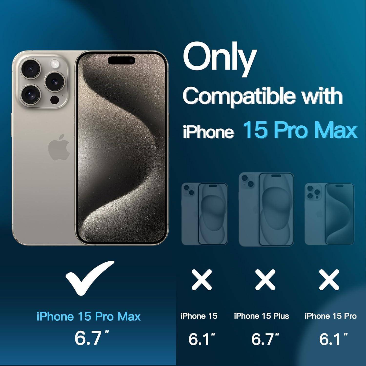 iPhone 15 Pro Max' neben drei ausgegrauten Modellen. Text: 'Nur kompatibel mit iPhone 15 Pro Max 6,7