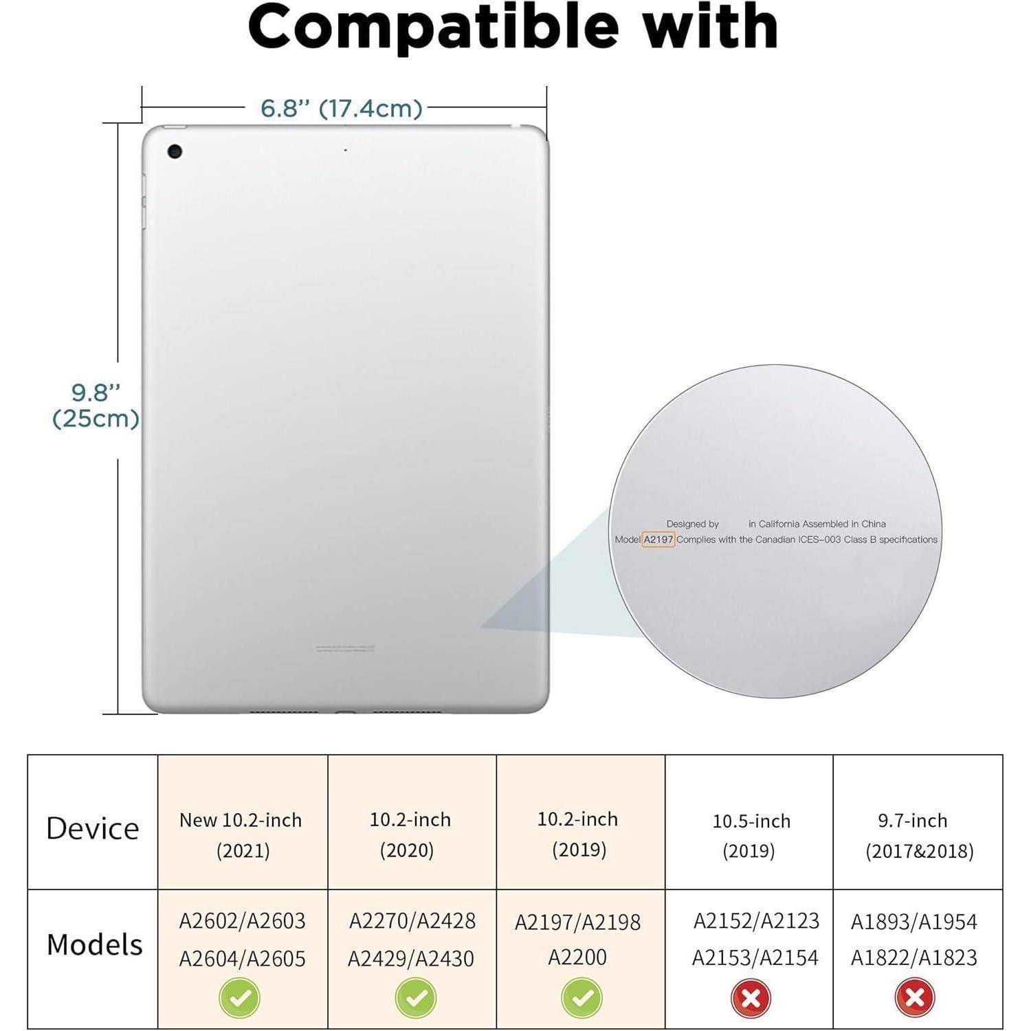Bild eines iPads mit Kompatibilität für die Modelle: A2602, A2603, A2604, A2605, A2270, A2428, A2429, A2430, A2197, A2198.
