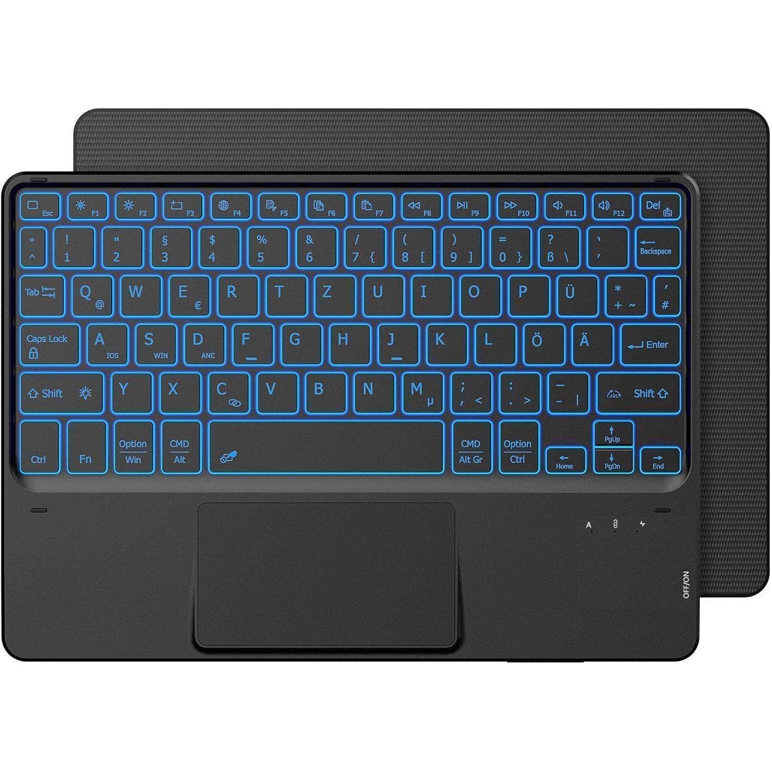 Eine schwarze Tastatur mit blauer Hintergrundbeleuchtung und deutscher QWERTZ-Tastaturlayout, mit einem Touchpad unterhalb der Tasten.