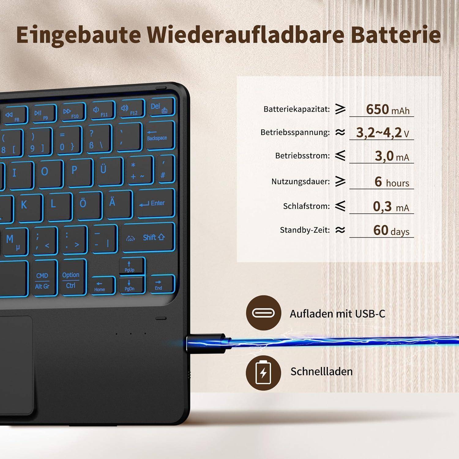 Tastatur Touchpad kabellos 7 Farben 10 Zoll Schwarz