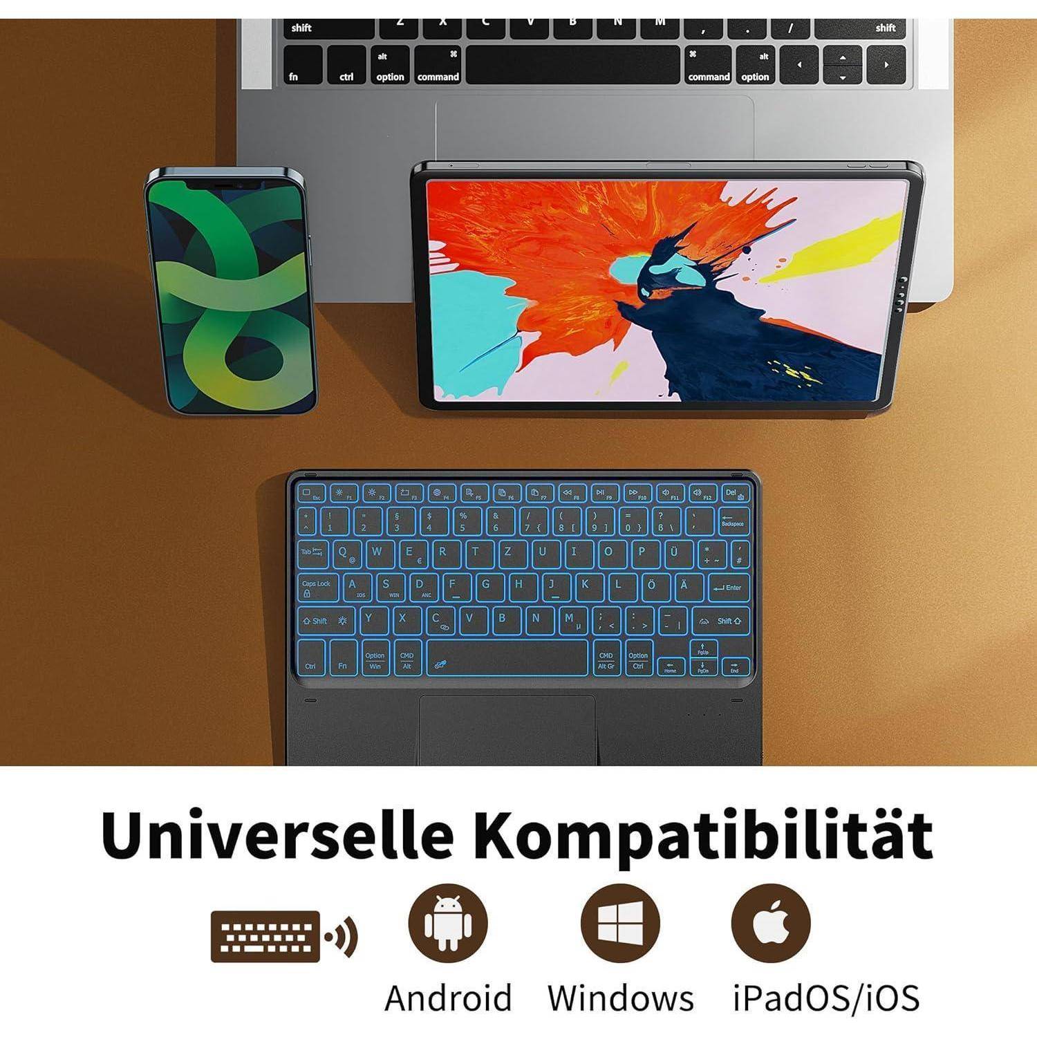 Laptop, Smartphone, Tablet und Tastatur mit blauen Tasten auf einem Schreibtisch, die universelle Kompatibilität mit Android, Windows und iPadOS/iOS veranschaulichen.