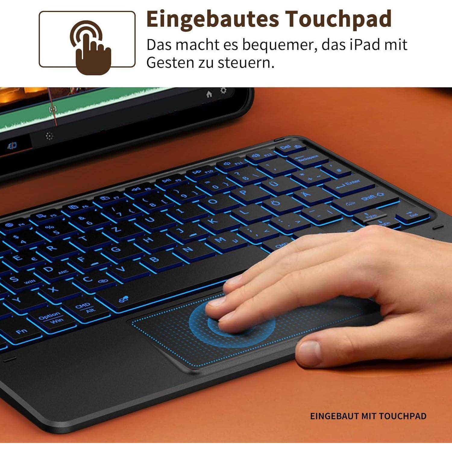 Die Abbildung 'Eingebautes Touchpad' zeigt eine Hand, die ein Touchpad auf einer Tastatur benutzt und veranschaulicht die Leichtigkeit der Steuerung eines iPads durch Gesten.