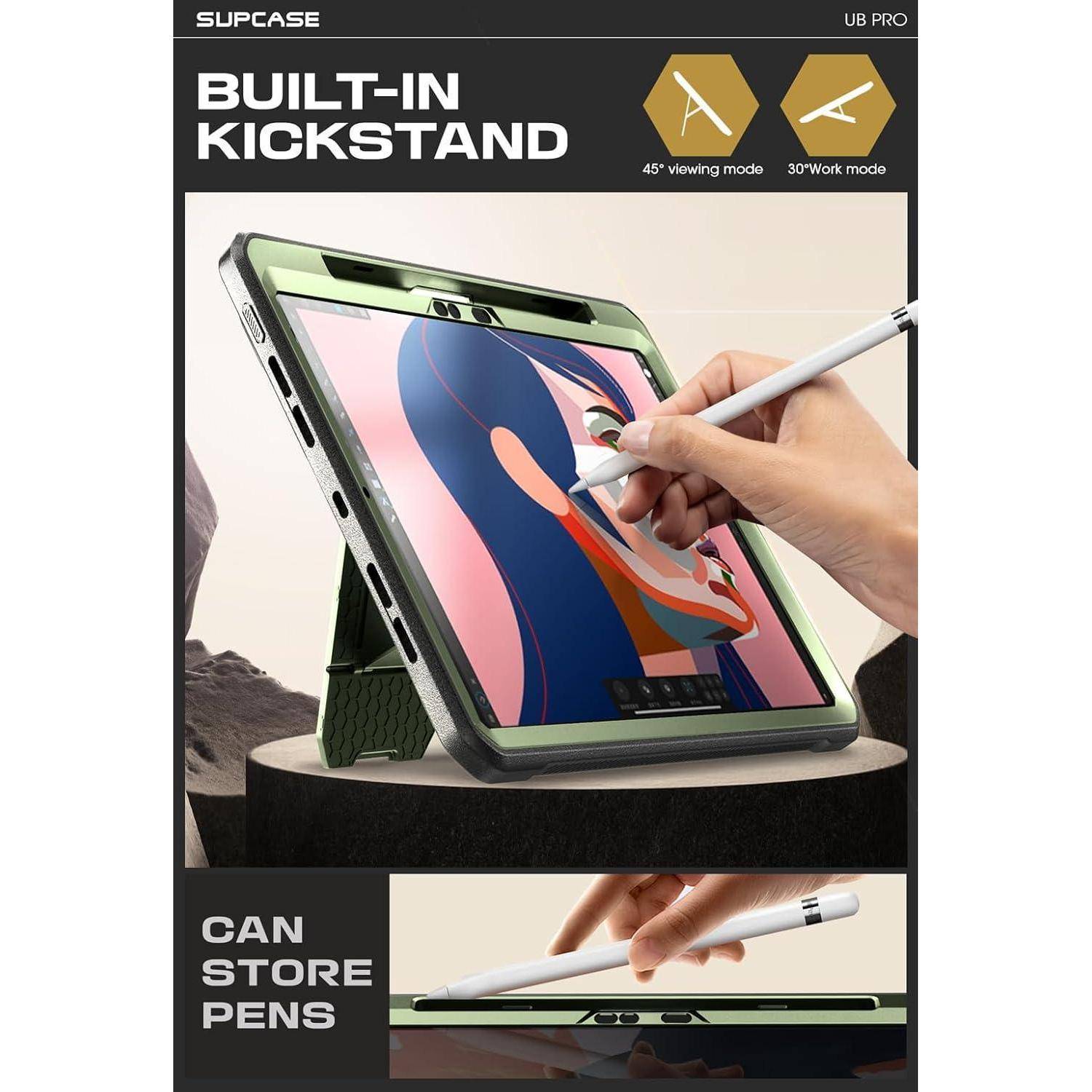 Eine Hülle mit integriertem Ständer hält ein Tablet. Eine Hand verwendet einen Stift auf dem Bildschirm. Text lautet 'Integrierter Ständer' und 'Stifte können aufbewahrt werden'.