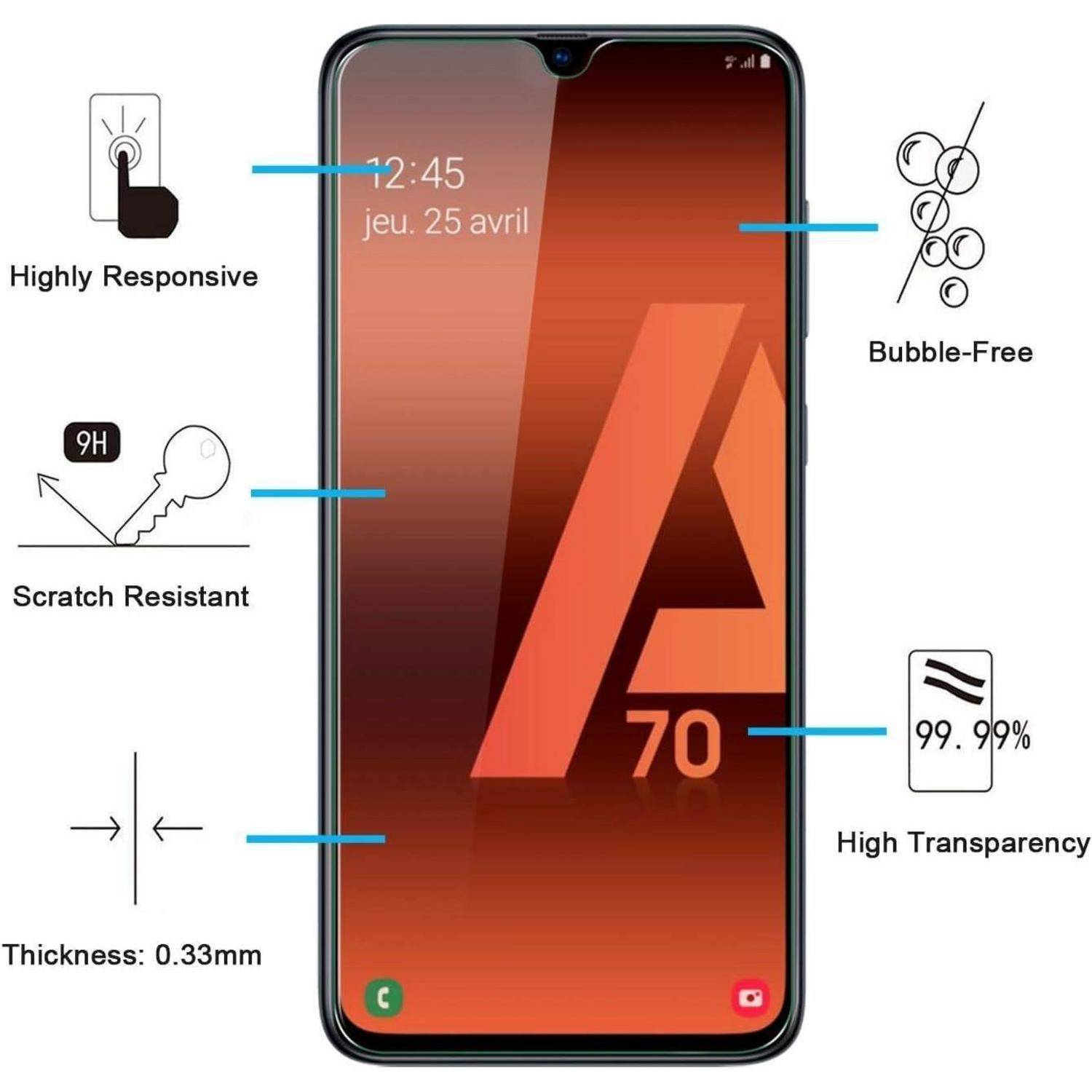 Das Bild zeigt einen Smartphone-Bildschirm mit Beschriftungen, die folgende Merkmale hervorheben: 'Hochresponsiv', 'Kratzfest', 'Blasenfrei', 'Hohe Transparenz' und 'Dicke: 0,33 mm'.