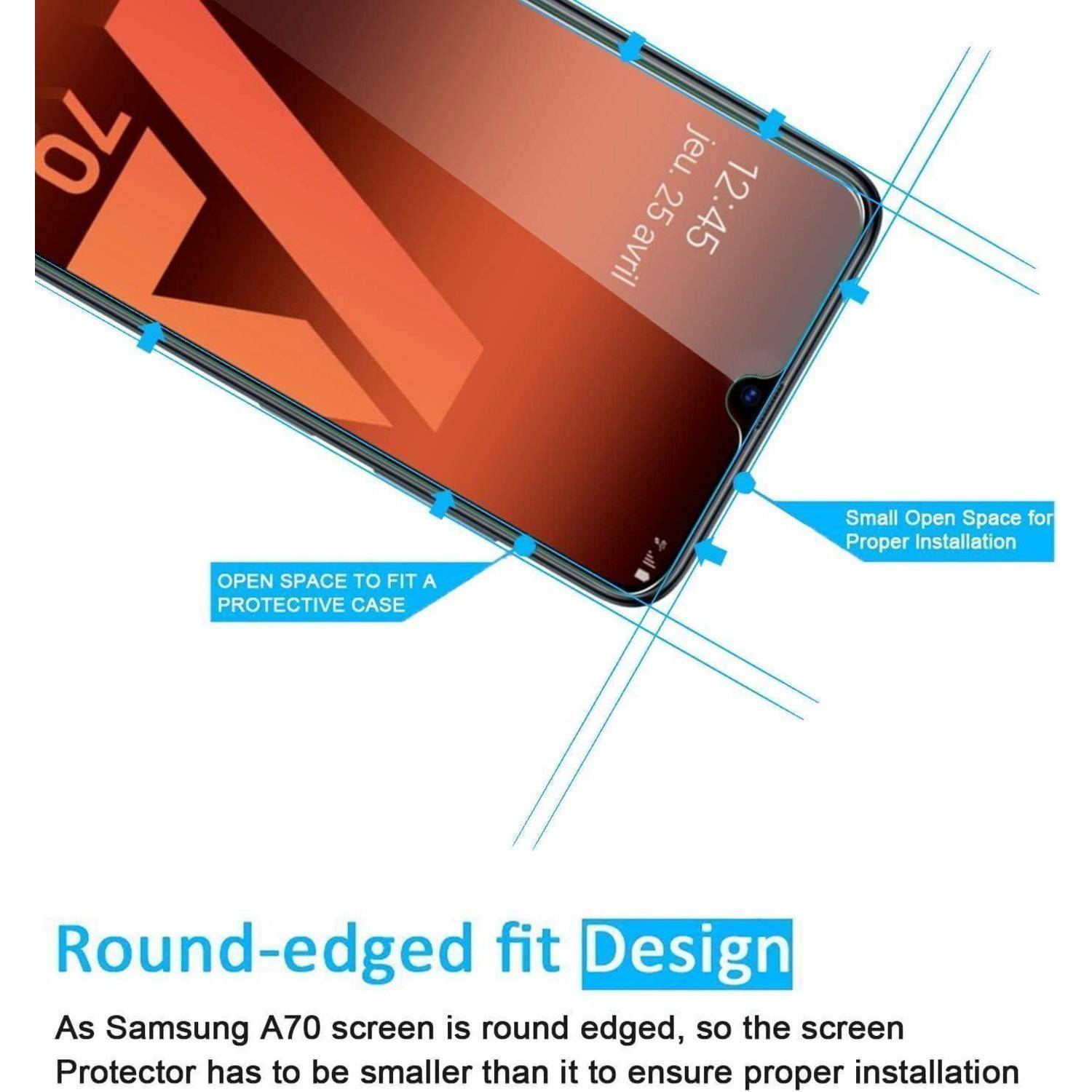 Das Bild zeigt einen Telefonbildschirm mit einer Schutzhülle und hebt einen kleinen offenen Bereich für eine korrekte Installation hervor. Der Text lautet „Rundkantige Passform Design