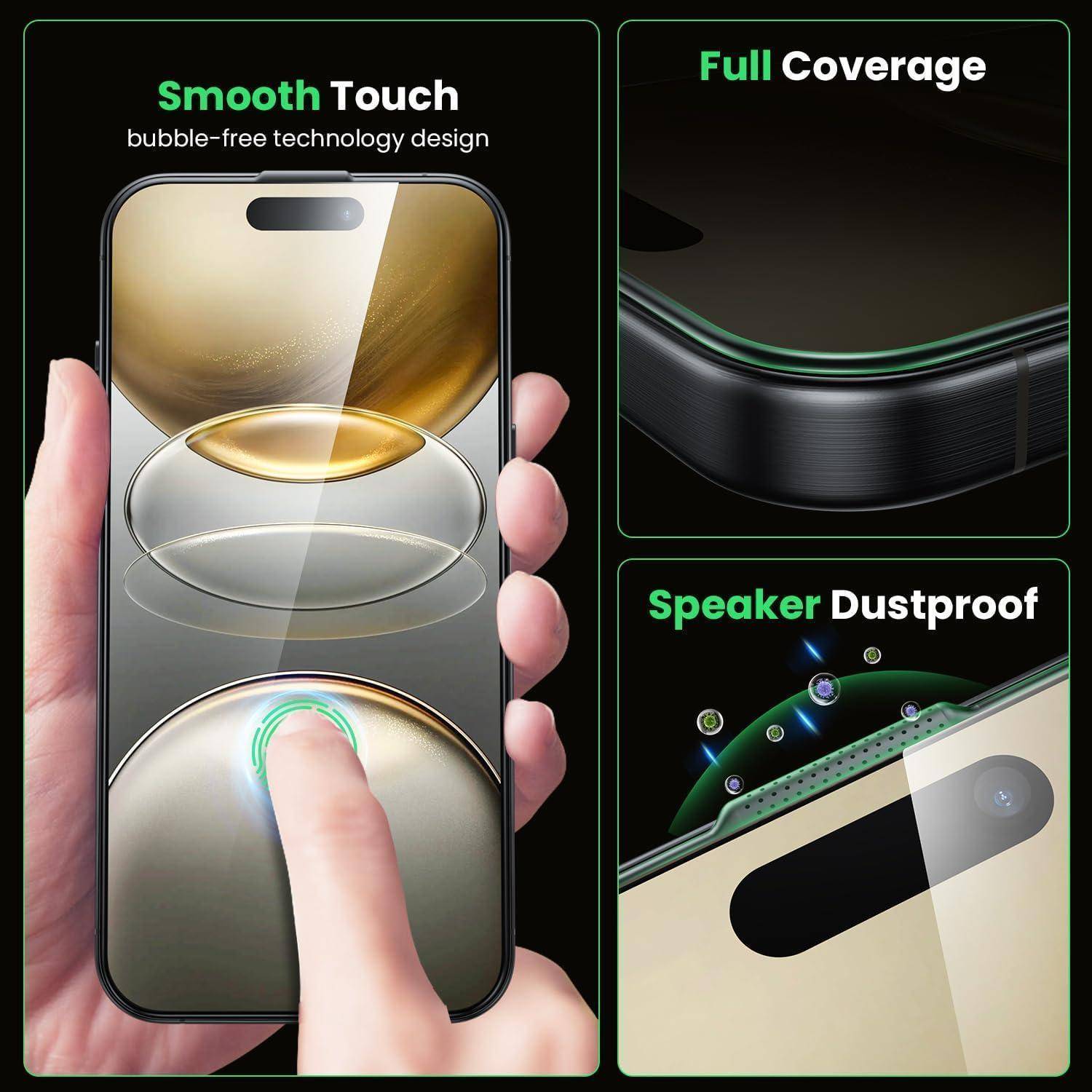 Smartphone zeigt Werbung für Displayschutzfolie. Merkmale umfassen ‚Smooth Touch' mit blasenfreiem Design, ‚Vollflächiger Schutz' und ‚Lautsprecherstaub-Schutz'.