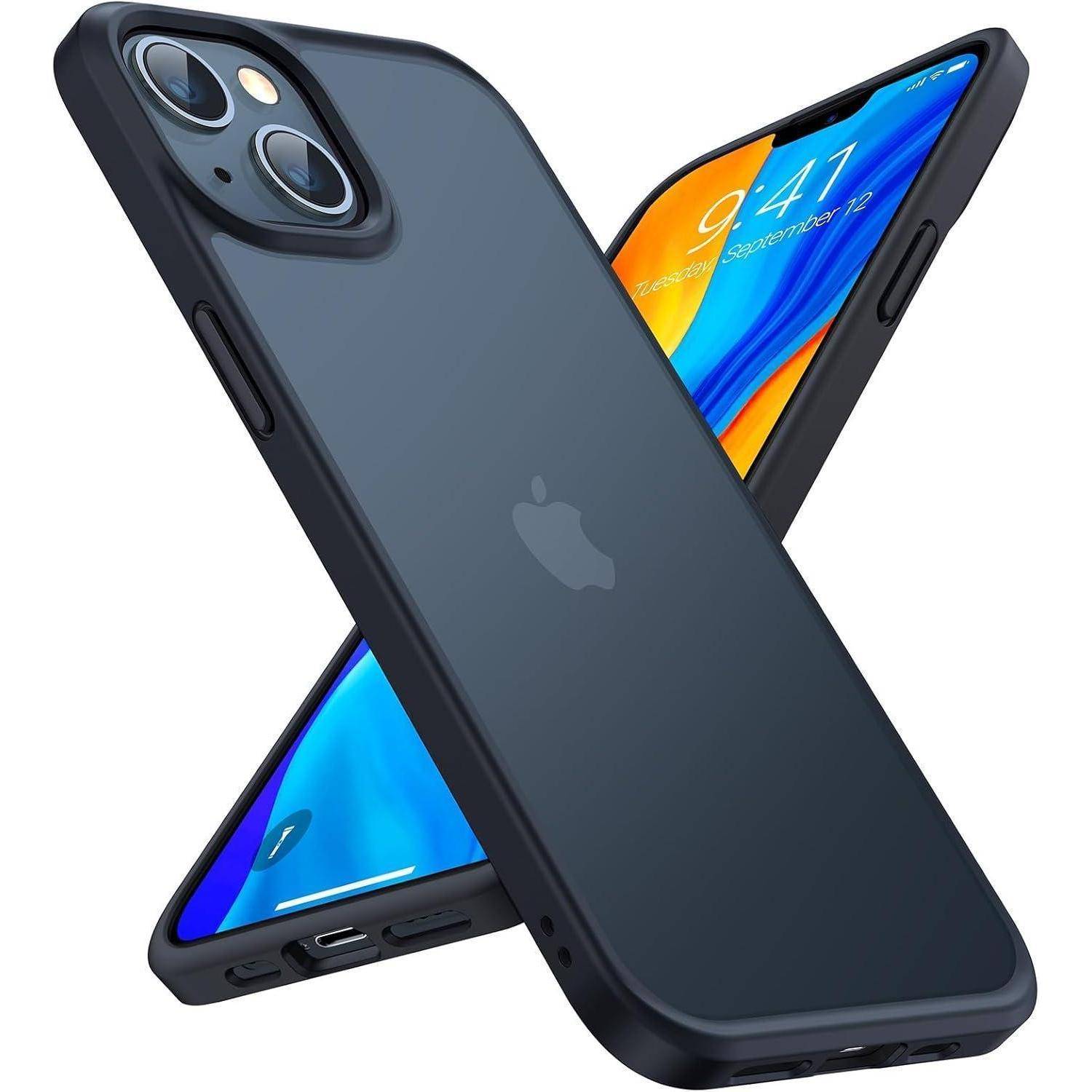 Zwei dunkel gefärbte Smartphones mit identischem Design werden gezeigt, die Dual-Rückkameras und schlanke Profile aufweisen. Auf einem Telefon wird 9:41 Uhr angezeigt, während auf dem Bildschirm der 12. September sichtbar ist.