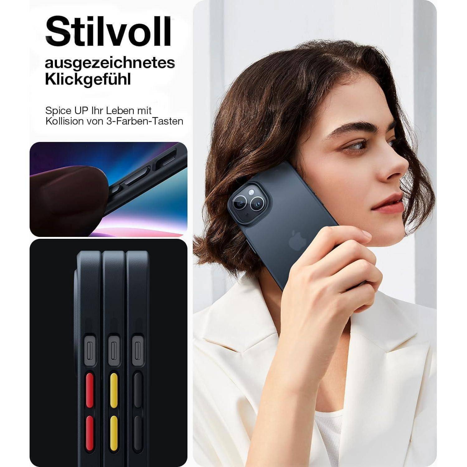 Eine Frau hält ein Smartphone mit einer Triple-Kamera und farbigen Seitenknöpfen. Der deutsche Text bewirbt ein stilvolles Design und taktile Tasten.