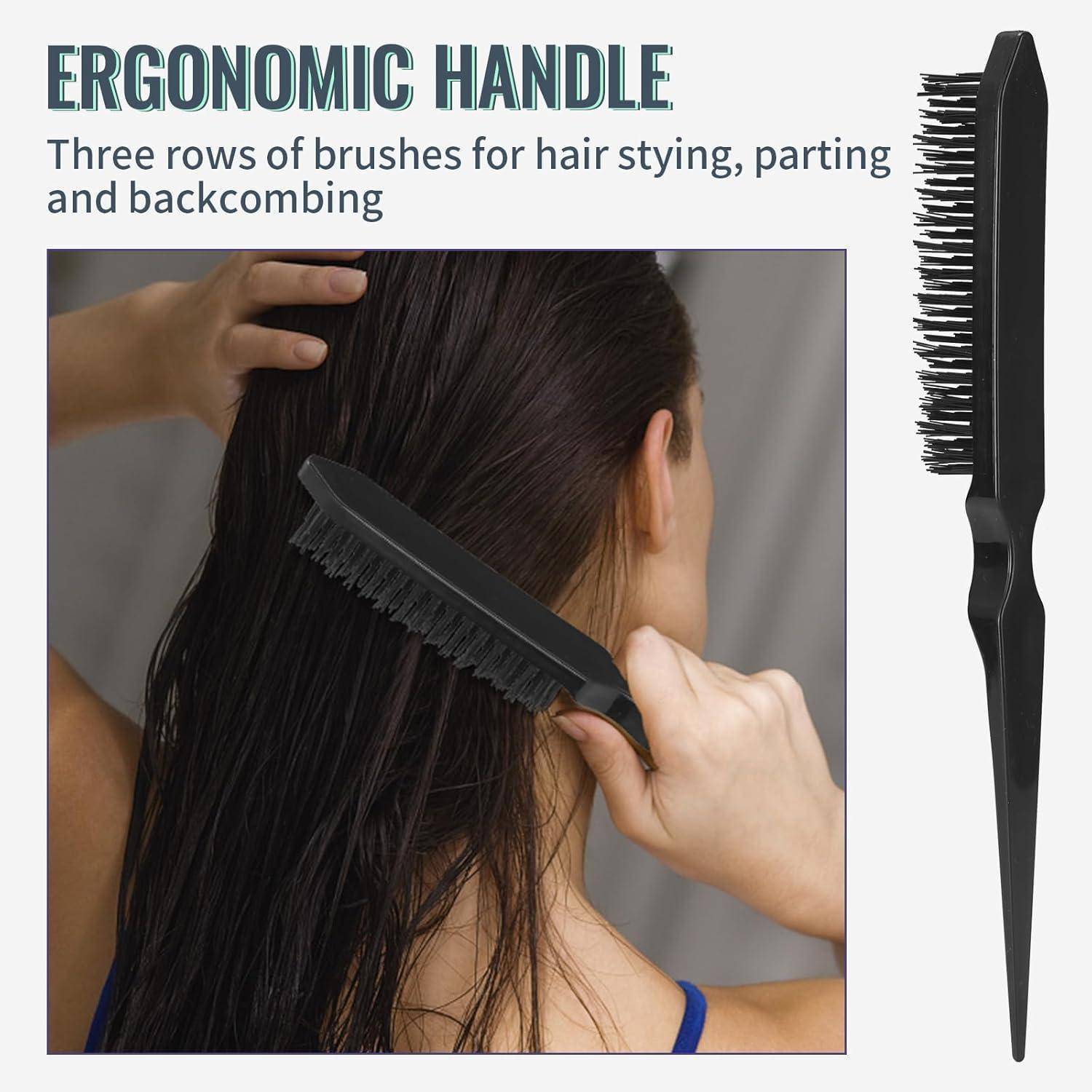Ergonomischer Griff: Drei Reihen von Bürsten zum Haarstyling, Scheitel und Backcombing.