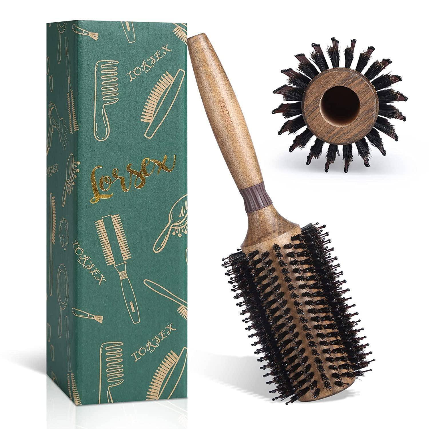 Runder Holzhaarburste mit schwarzen Borsten, dargestellt mit Verpackung, die verschiedene Haarwerkzeuge und die Marke 'LORSOR' in goldener Schrift zeigt.
