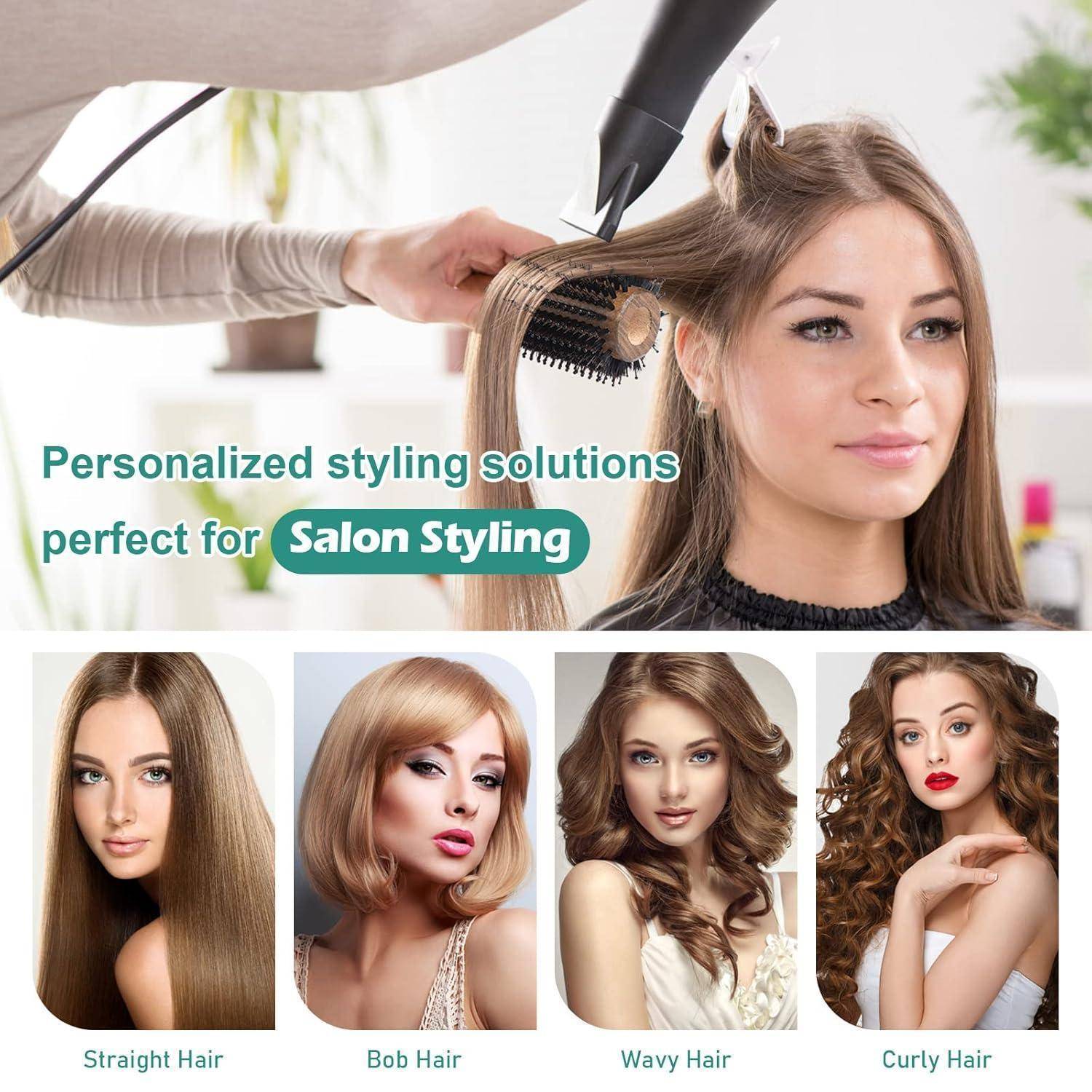 Eine Stylistin verwendet einen Haartrockner an den Haaren einer Frau. Text lautet: „Personalisierte Styling-Lösungen perfekt für Friseur-Styling.