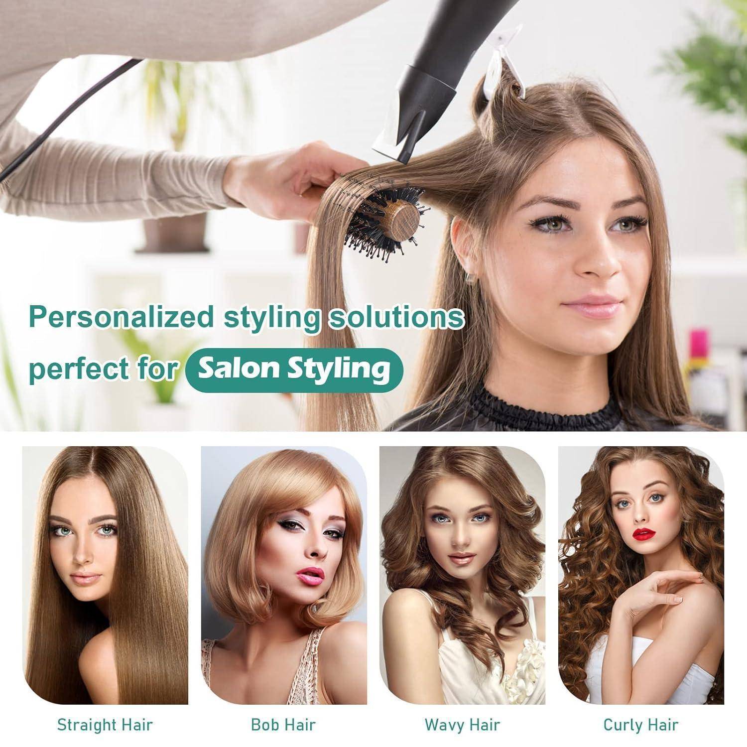 Ein Stylist verwendet Bürste und Föhn bei den Haaren einer Frau. Text lautet: 'Individuell abgestimmte Styling-Lösungen perfekt für Friseur-Styling' mit Bildern verschiedener Frisuren: Glatt, Bob, Gewellt, Lockig.