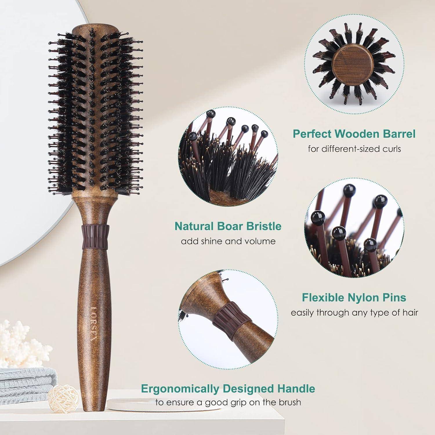 Runder Holzhaarbürste mit natürlichen Eber- und Nylonborsten für Glanz, Volumen und Locken. Ergonomischer Griff.