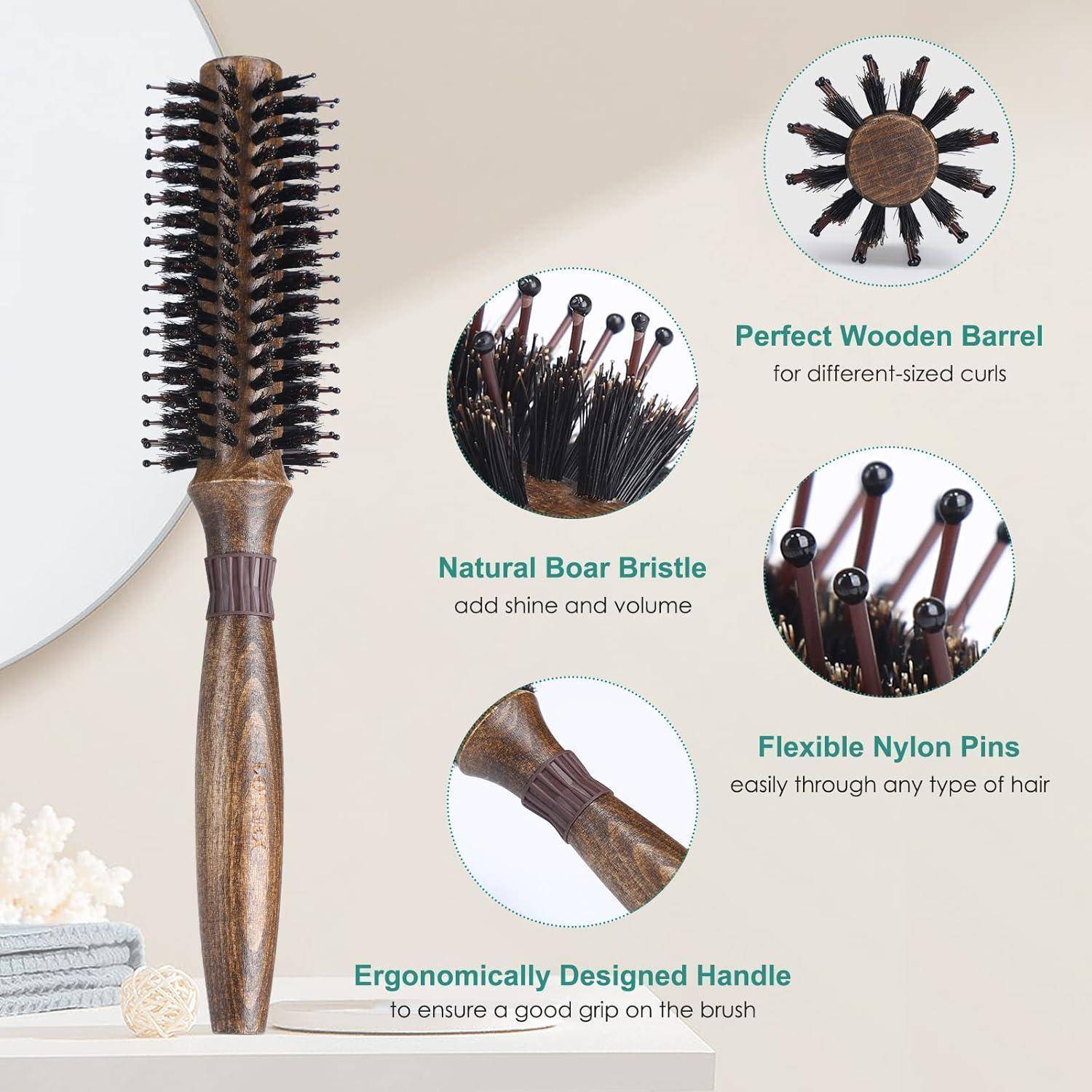 Holzhaarburste mit natürlichen Wildschweineborsten und flexiblen Nylonzinken. Zu den Eigenschaften gehören ergonomischer Griff und Eignung für verschiedene Haartypen.