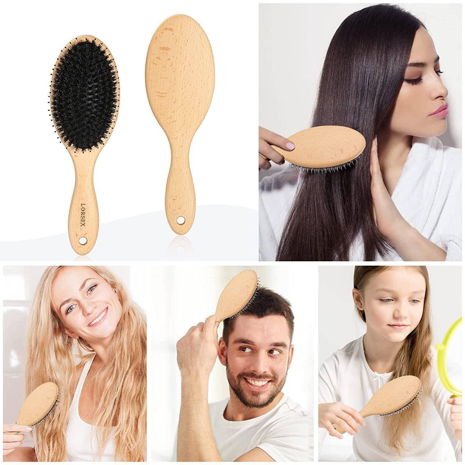 Haarbürsten-Set mit Holzgriff und schwarzen Borsten. Menschen beim Haare bürsten: Frau mit langem dunklen Haar, Frau mit blonden Haaren, Mann mit dunklem Haar und junges Mädchen mit langen braunen Haaren.