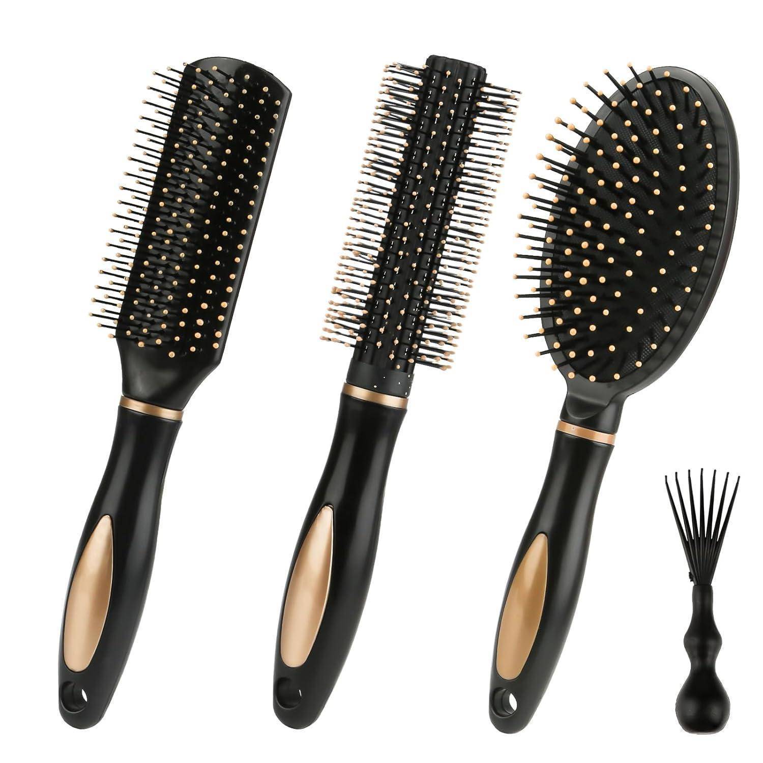 Ein Set aus fünf schwarzen und goldenen HaarBürsten, jeweils mit einer anderen Form und Borstenstil, in einer Reihe vor einem weißen Hintergrund angeordnet.