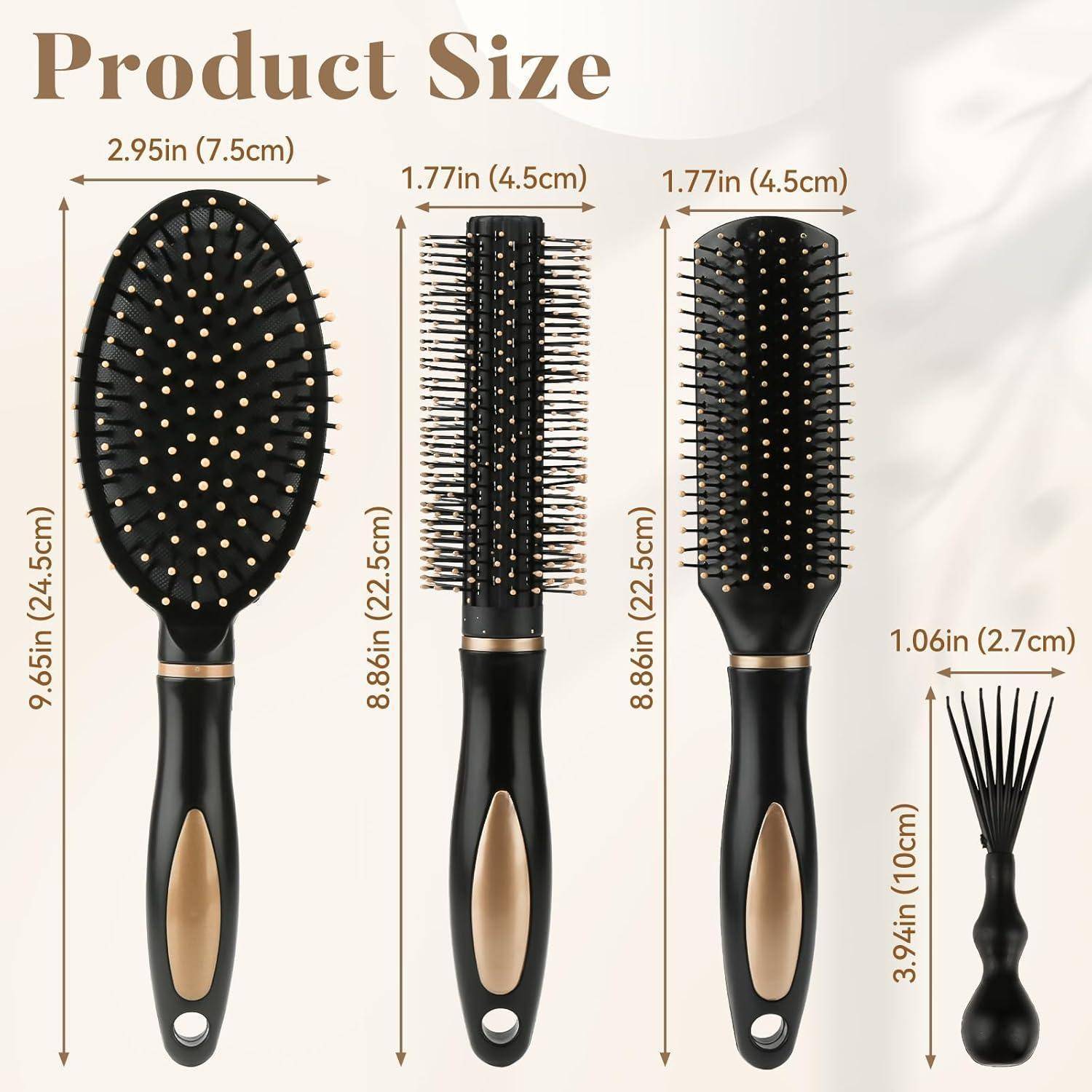 Das Bild 'Produktgröße' zeigt vier Haarbrürsten mit Maßangaben. Ovale Bürste: 2,95 cm breit, 9,25 cm hoch; runde Bürste: 1,77 cm breit, 8,86 cm hoch; flache Bürste: 1,77 cm breit, 8,86 cm hoch; kleine Bürste: 1,06 cm breit, 3,94 cm hoch.