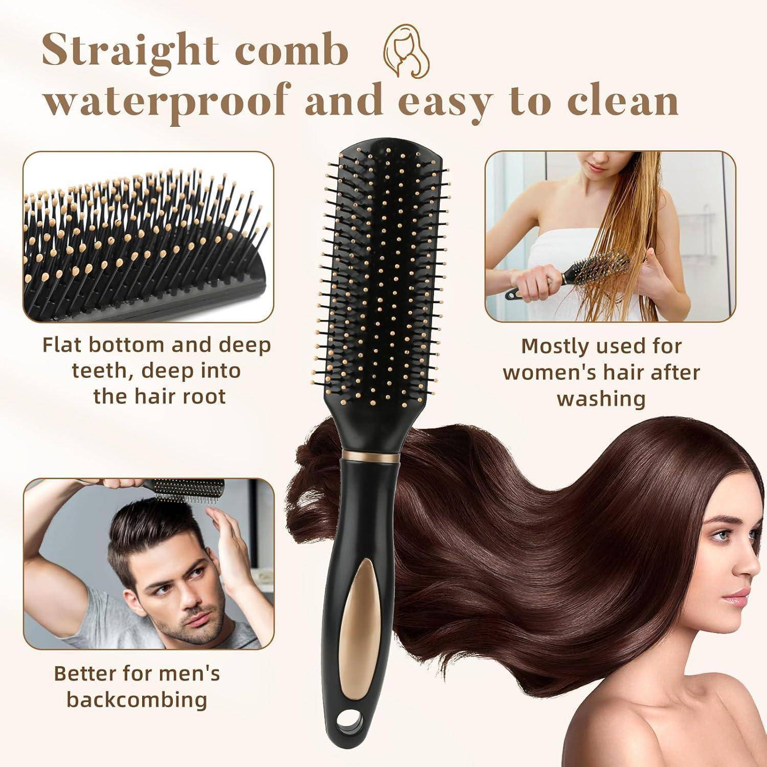 Haarburste Werbung zeigt verschiedene Anwendungen: Entknoten, Styling von langem Haar und Herrenmode. Hebt wasserdichte und leicht zu reinigende Eigenschaften hervor.