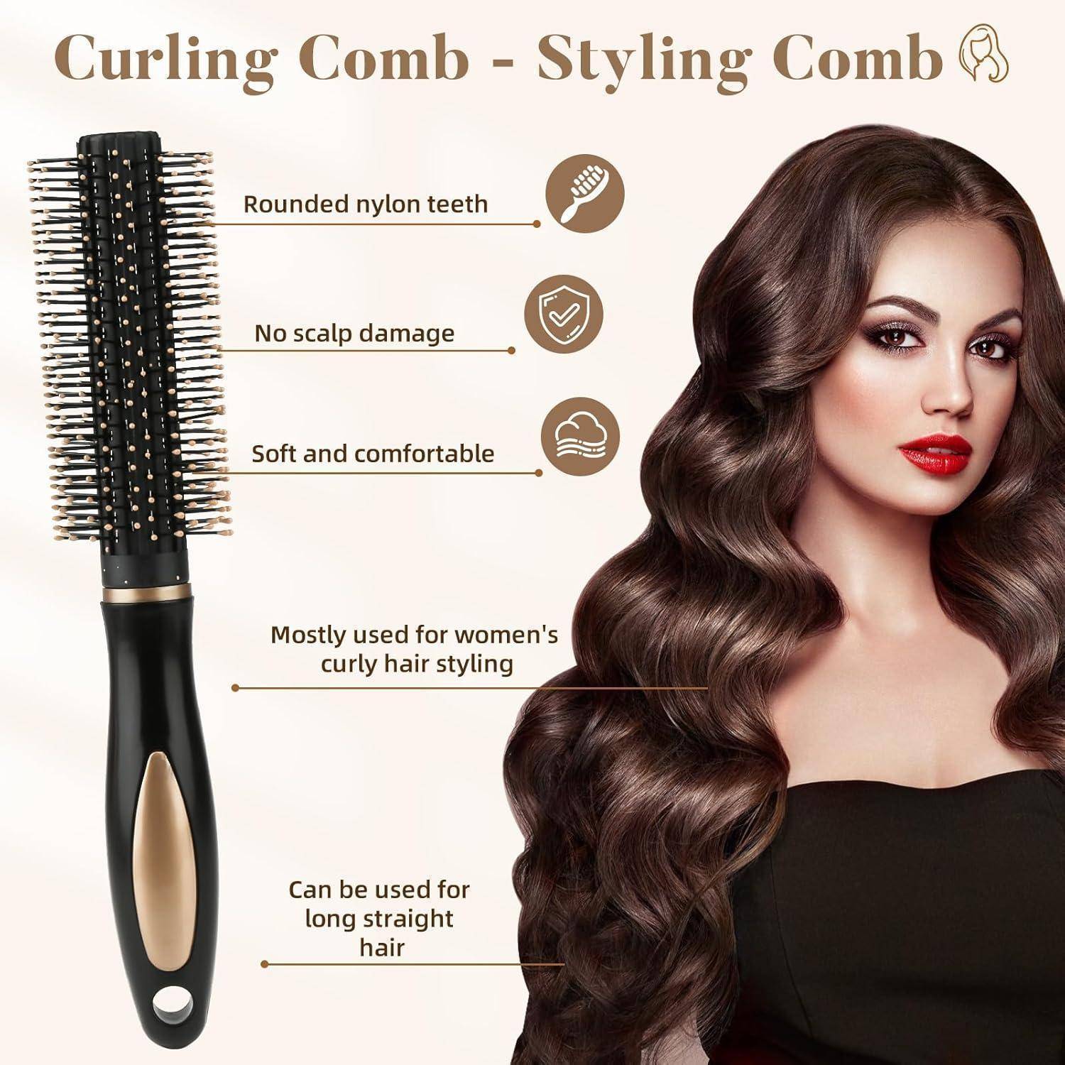 Lockenkamm mit Nylonzähnen verfügt über ein Design, das keine Kopfhautverletzungen verursacht. Ideal zum Styling von lockigem und geradem Haar bei Frauen. Enthält Produktbild.