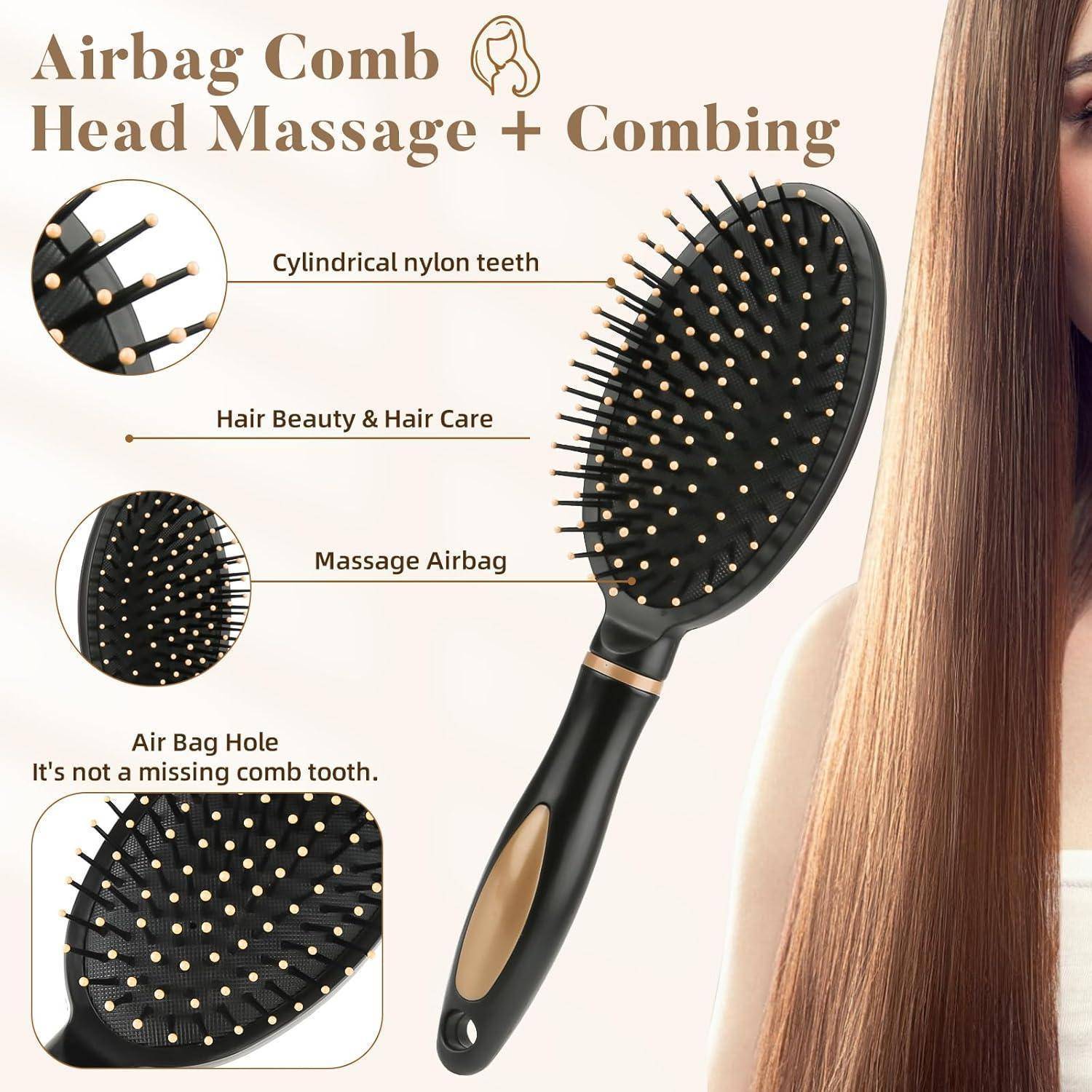Eine Haarbürste mit zylindrischen Nylonborsten, entwickelt für Kopfmassage und Haarpflege. Ausgestattet mit einem Airbag für zusätzlichen Komfort.