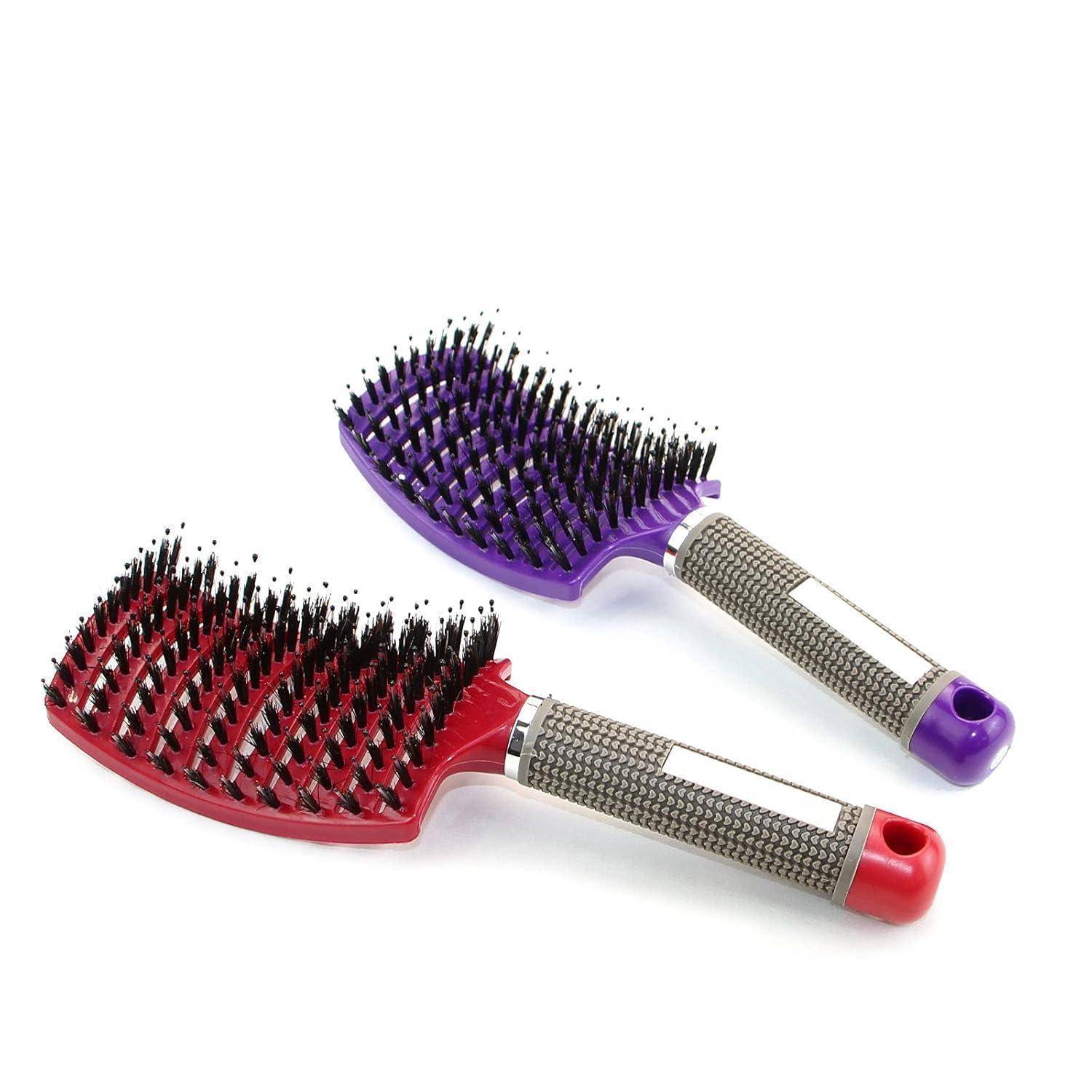 Zwei belüftete HaarBürsten in Rot und Lila mit schwarzen Borsten und strukturierten silbernen Griffen, entwickelt zum Entknoten und Stylen von Haar.
