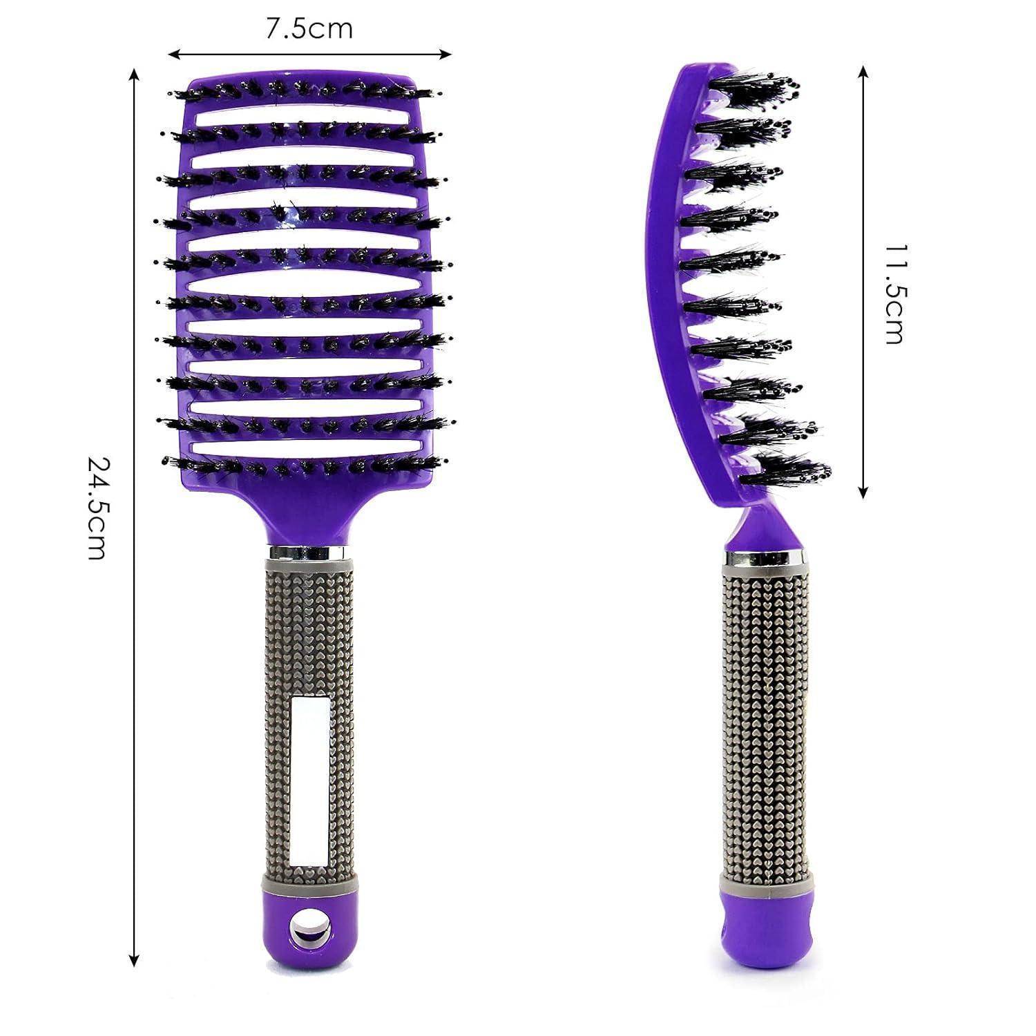 Eine lila Haarbürste mit flexiblem, geschwungenem Design wird gezeigt. Sie verfügt über einen strukturierten Griff für besseren Halt. Die Abmessungen sind angegeben: 24,5 cm Länge, 7,5 cm Breite und 11,5 cm Kurve Höhe.