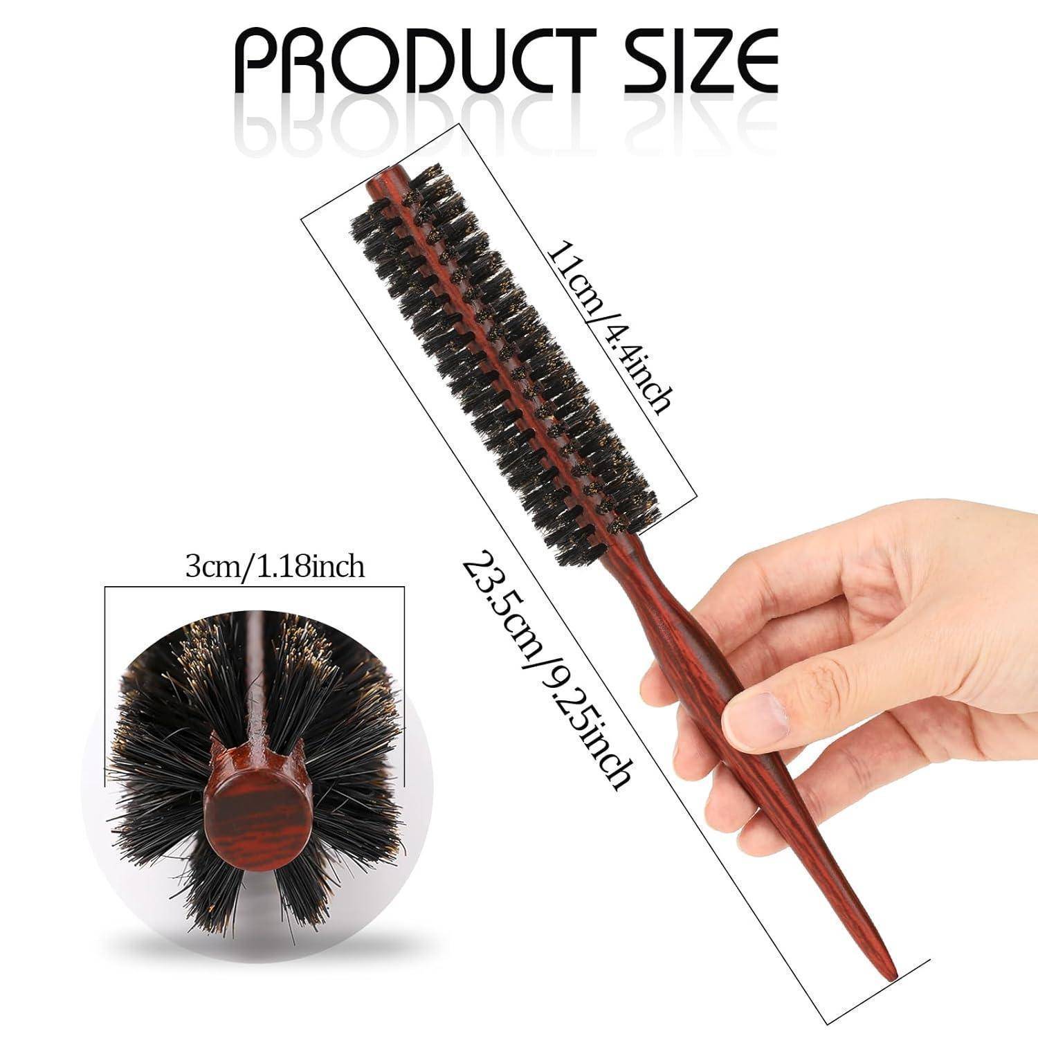 Die 'Produktgröße' zeigt eine runde Haarbürste mit dichten Borsten. Abmessungen: Griff 23,5 cm/9,25 Zoll, Borstendurchmesser 3 cm/1,18 Zoll.
