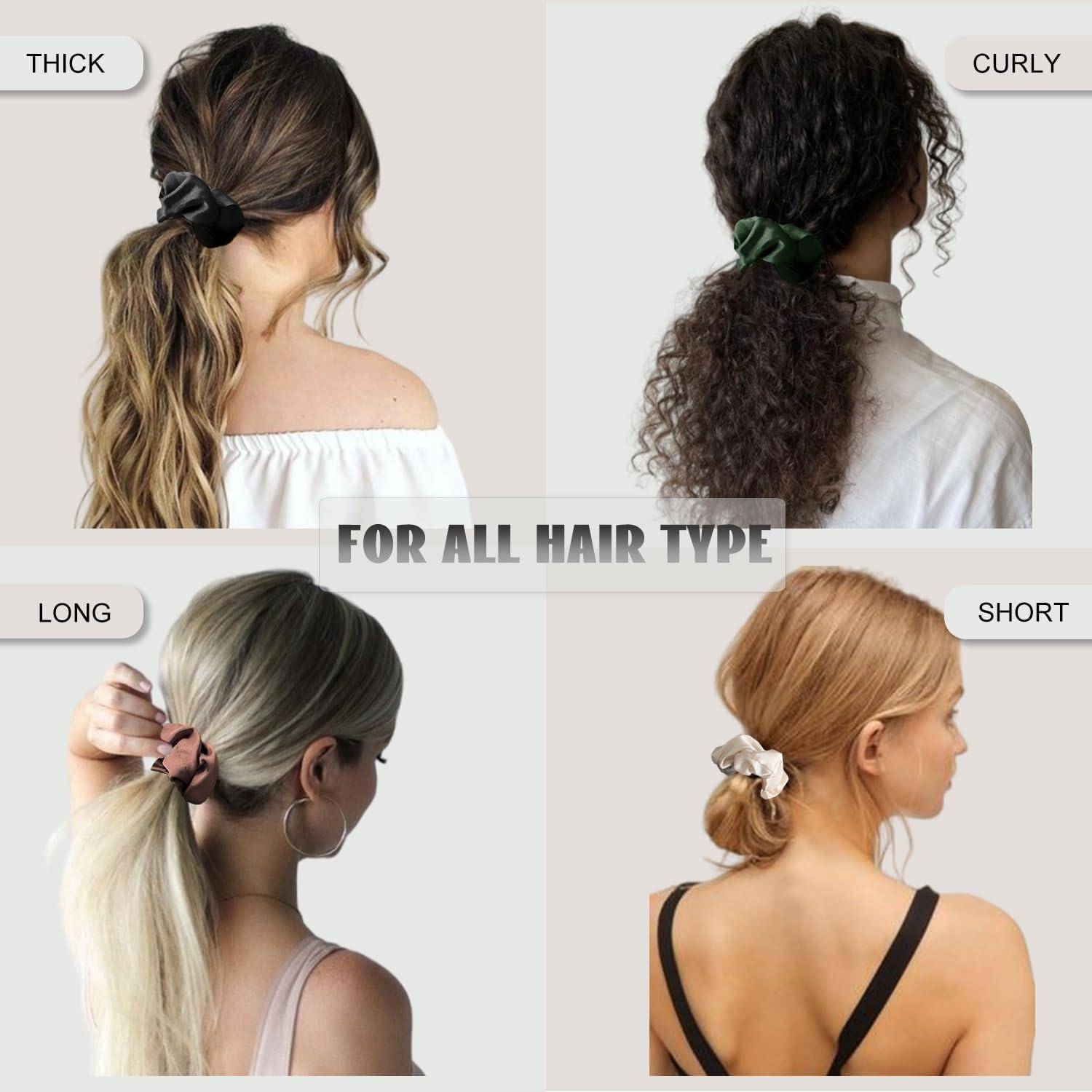 Ein Raster mit vier Bildern, die Frauen mit verschiedenen Haartypen zeigt, die Haarspangen verwenden: dick, lockig, lang und kurz, mit dem Text 