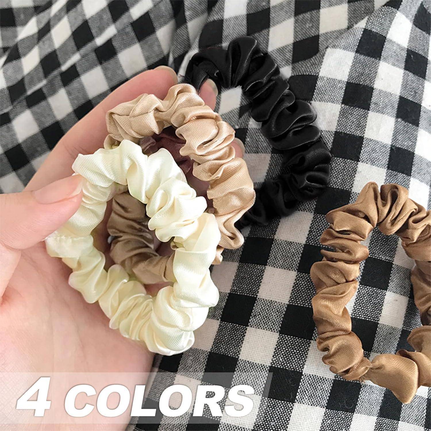 Eine Hand hält vier Haargummis in Schwarz, Braun, Beige und Creme vor einem schwarz-weißen Karomuster. Text liest sich '4 FARBEN'.