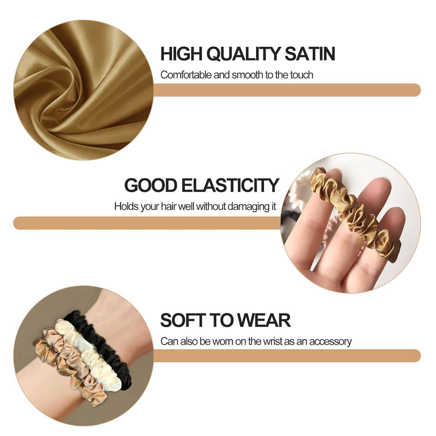 Scrunchie-Eigenschaften: hochwertiges Satin für Komfort, gute Elastizität zum Festhalten der Haare ohne Schädigung, weich zu tragen und als Handgelenkszubehör.