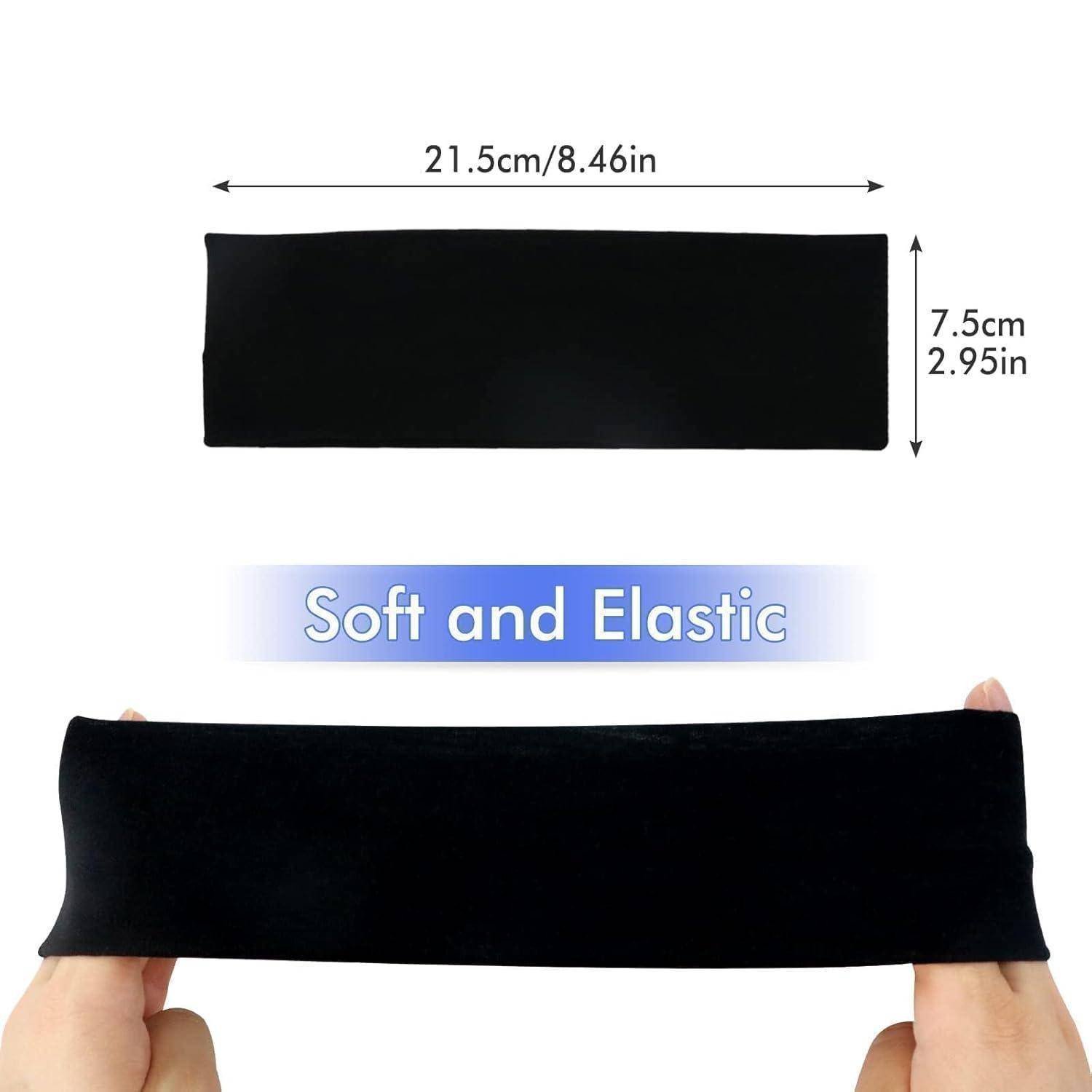 Ein schwarzes Haarband mit beschrifteten Abmessungen: 21,5 cm (8,46 Zoll) in der Breite und 7,5 cm (2,95 Zoll) in der Höhe. Text lautet: „Weich und elastisch.