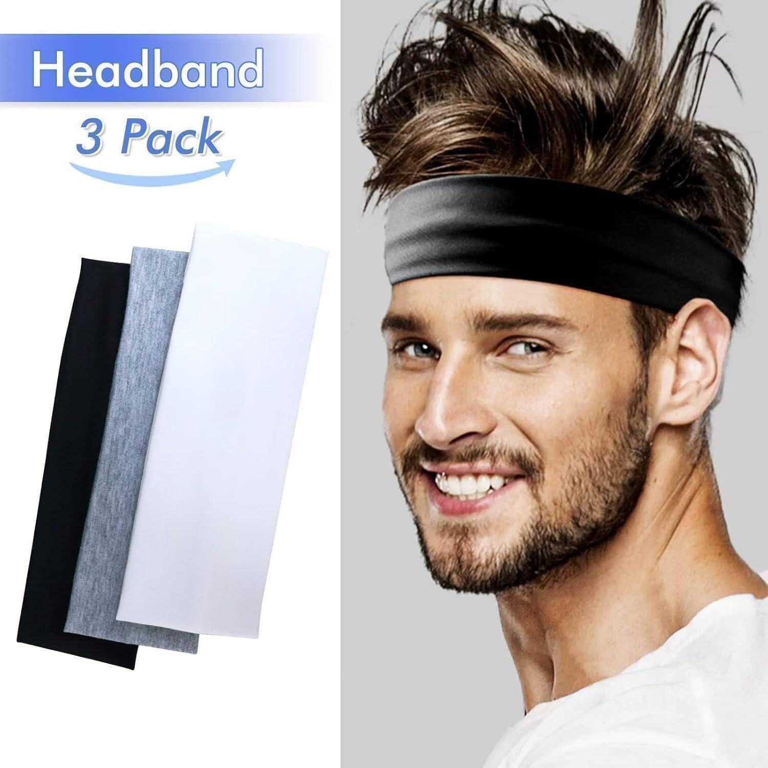 Stirnband 3er-Pack' Text mit drei Stirnbändern in Schwarz, Grau und Weiß auf der linken Seite; lächelnde Person, die ein schwarzes Stirnband auf der rechten Seite trägt.