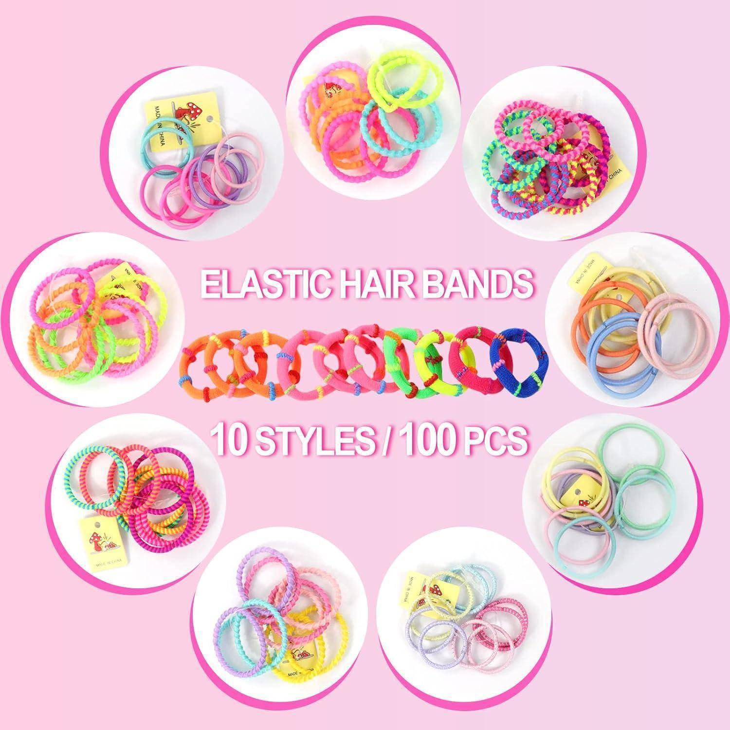 Elastische Haarbänder, 10 Stile, 100 Stück, dargestellt in einer kreisförmigen Anordnung mit bunten Designs auf einem pinken Hintergrund.