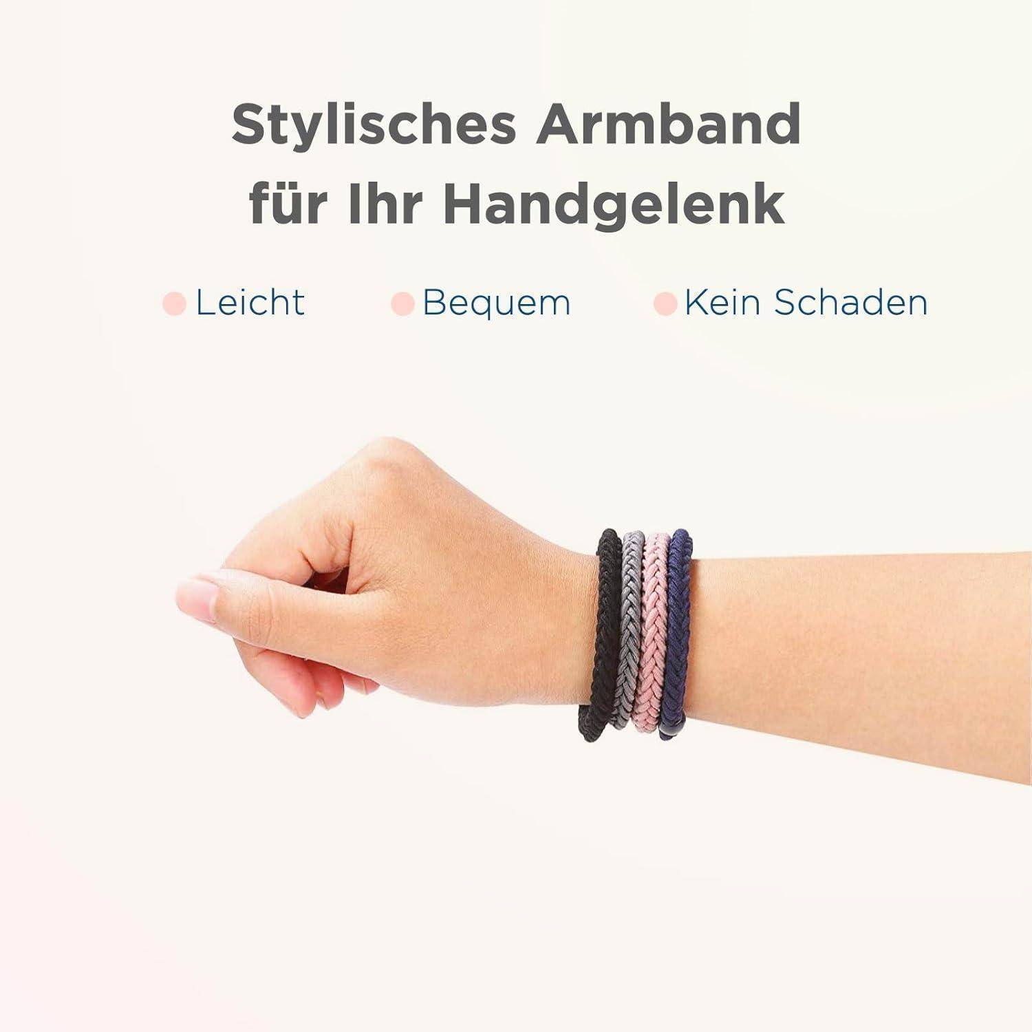 Eine Hand mit einem stilvollen, bunten Armband wird gezeigt. Text lautet 'Stylisches Armband für Ihr Handgelenk' mit aufgelisteten Eigenschaften 'Leicht', 'Bequem', 'Kein Schaden'.