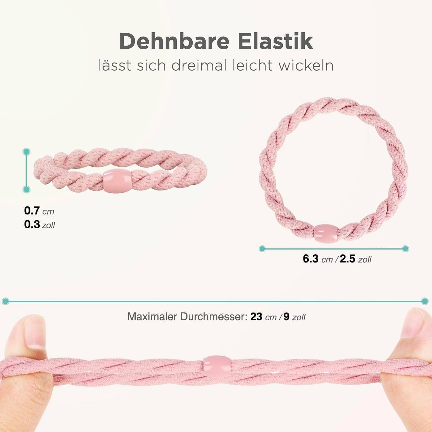 Rosa Gummiband, dehnbar bis zu 23 cm (9 Zoll). Zeigt Durchmesservergleiche: ungedehnt 0,7 cm (0,3 Zoll), gedehnt 6,3 cm (2,5 Zoll).