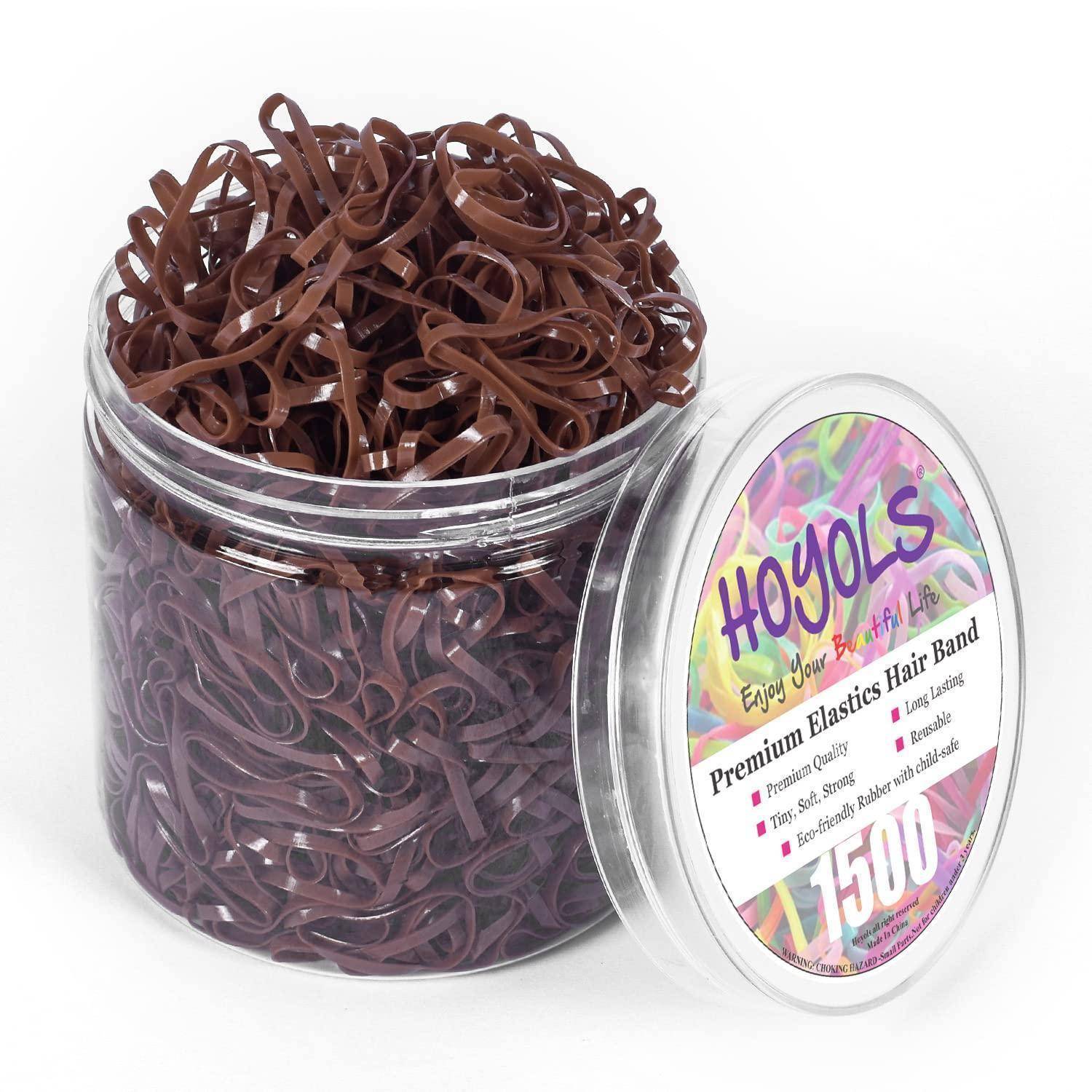 Behälter mit braunen elastischen Haarbändern mit der Aufschrift 'Hoyols Premium Elastics Hair Bands'. Enthält 1500 Haarbänder.