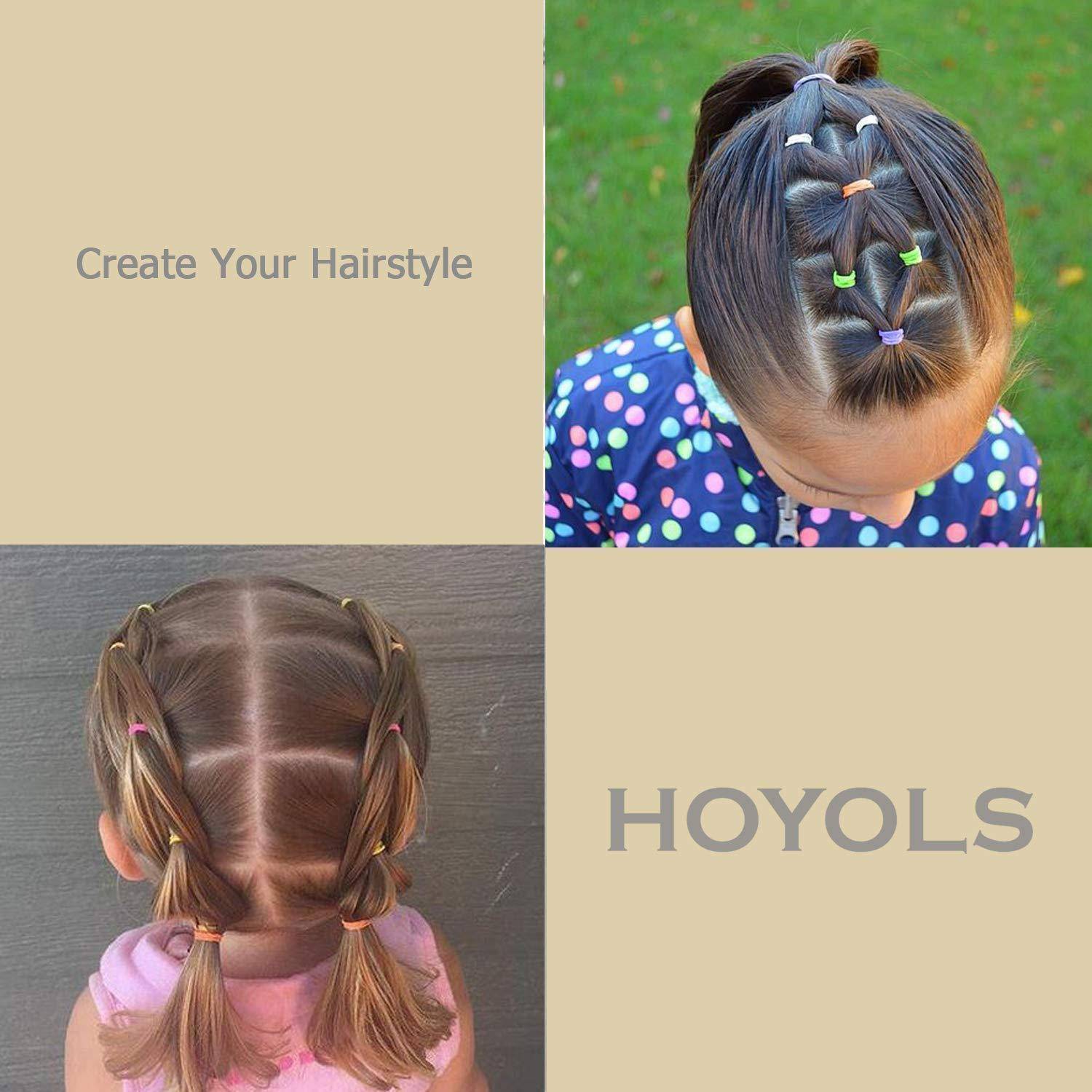 Zwei Bilder zeigen kreative Frisuren mit bunten Haarspangen. Eine Frisur weist gekreuzte Abschnitte an der Oberseite auf, die andere hat symmetrische Seitentwists.