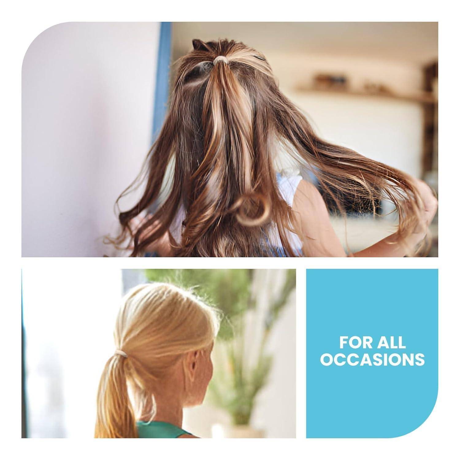 Oberes Bild: Frau mit langen, gewellten braunen Haaren in einer Hochsteckfrisur. Unteres linkes Bild: Blonde Frau mit Haaren im Pferdeschwanz. Text: 