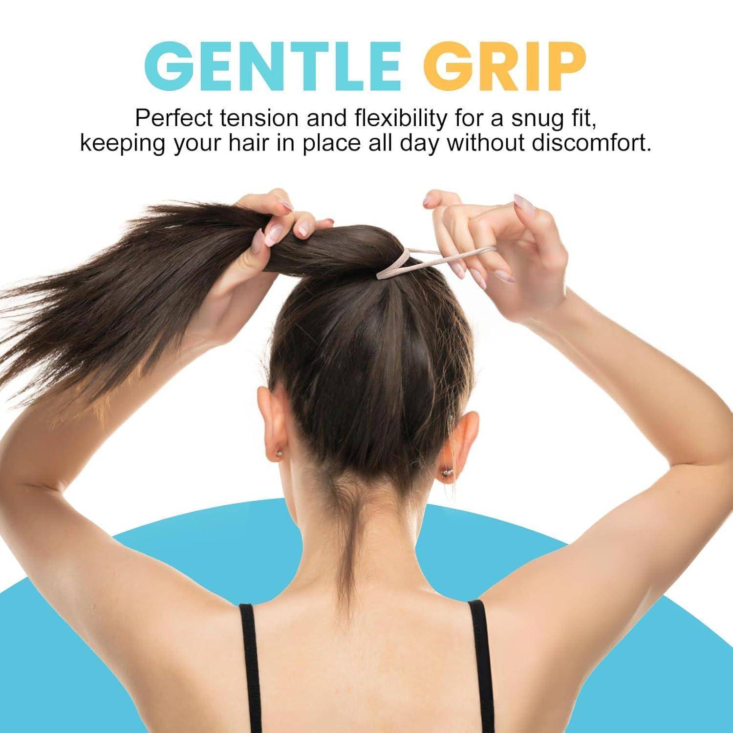 Eine Person bindet ihre langen Haare zu einem Pferdeschwanz. Der Text liest sich „SANFTER GRIFF