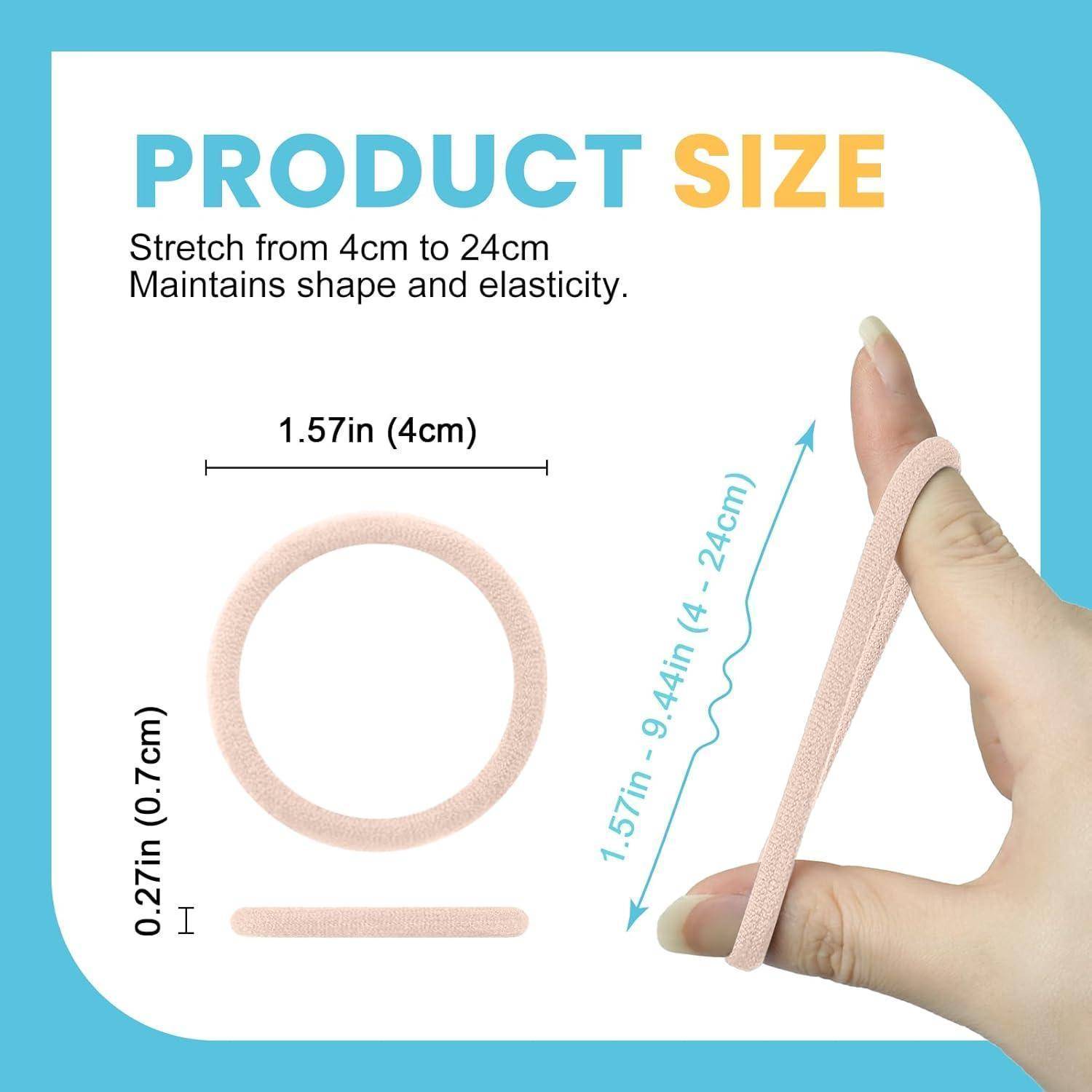 Hand hält ein rosa elastisches Band, das auf 24 cm gedehnt wird. Text besagt: 'PRODUKTGRÖSSE: Dehnung von 4 cm bis 24 cm. Behält Form und Elastizität.