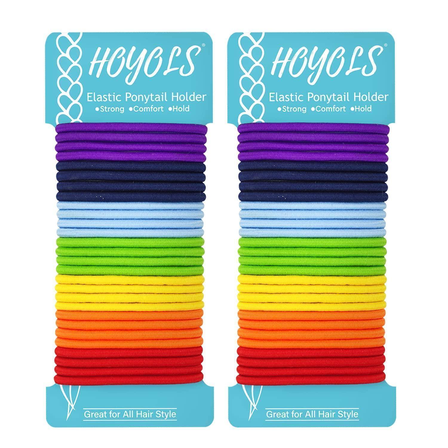 HOYOLS Elastische Haargummi' Verpackung mit mehrfarbigen Haargummis. Etiketten heben 'Stark', 'Komfortabel', 'Halt' hervor.