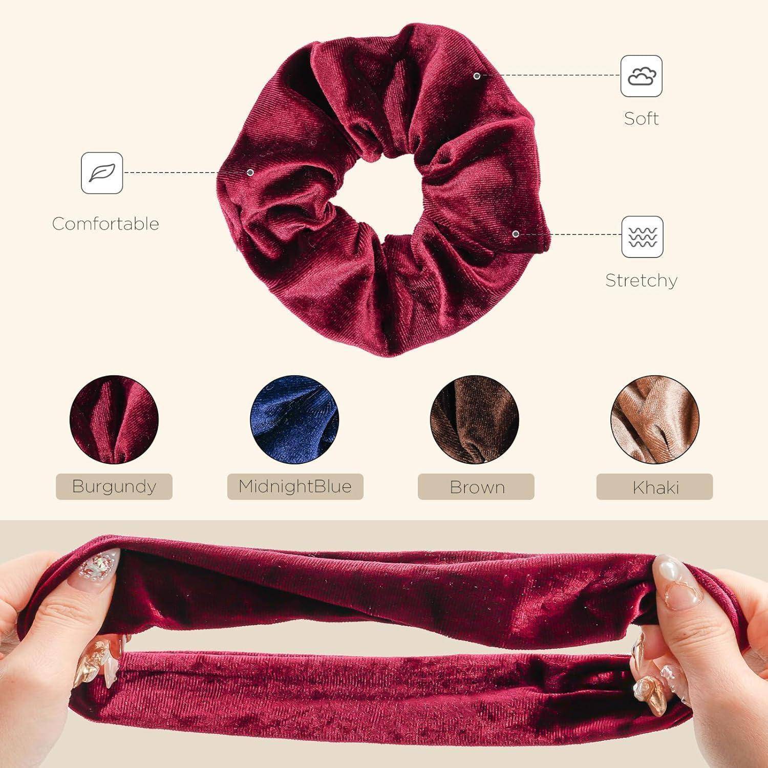 Roter Samthaargummi mit den Wörtern ‚Komfortabel', ‚Weich' und ‚Dehnbar' drumherum. Verfügbare Farben: Burgunderrot, Mitternachtsblau, Braun, Khaki.
