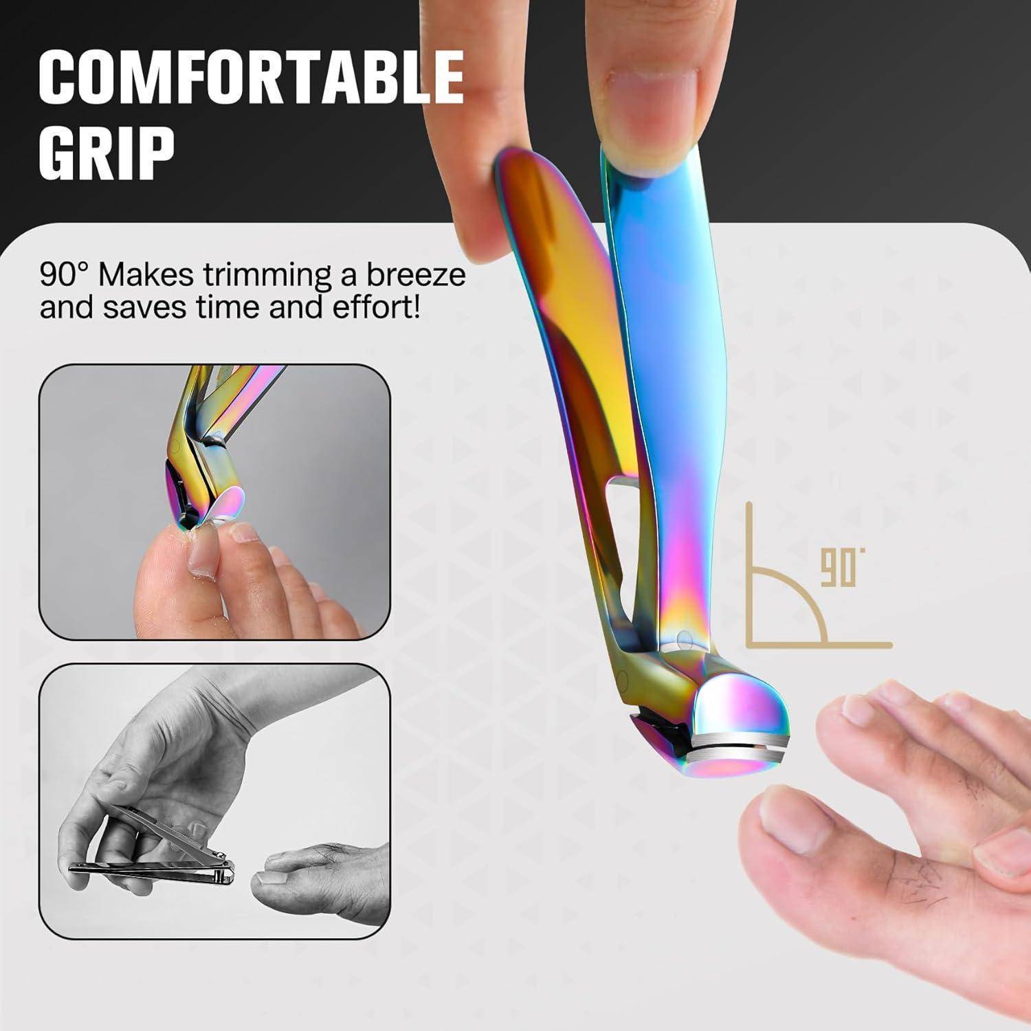Ein regenbogenfarbener Nagelknipser, der von einer Hand gehalten wird, mit einem ergonomischen 90-Grad-Komfortgriff-Design. Text hebt Bequemlichkeit und zeitsparende Vorteile hervor.