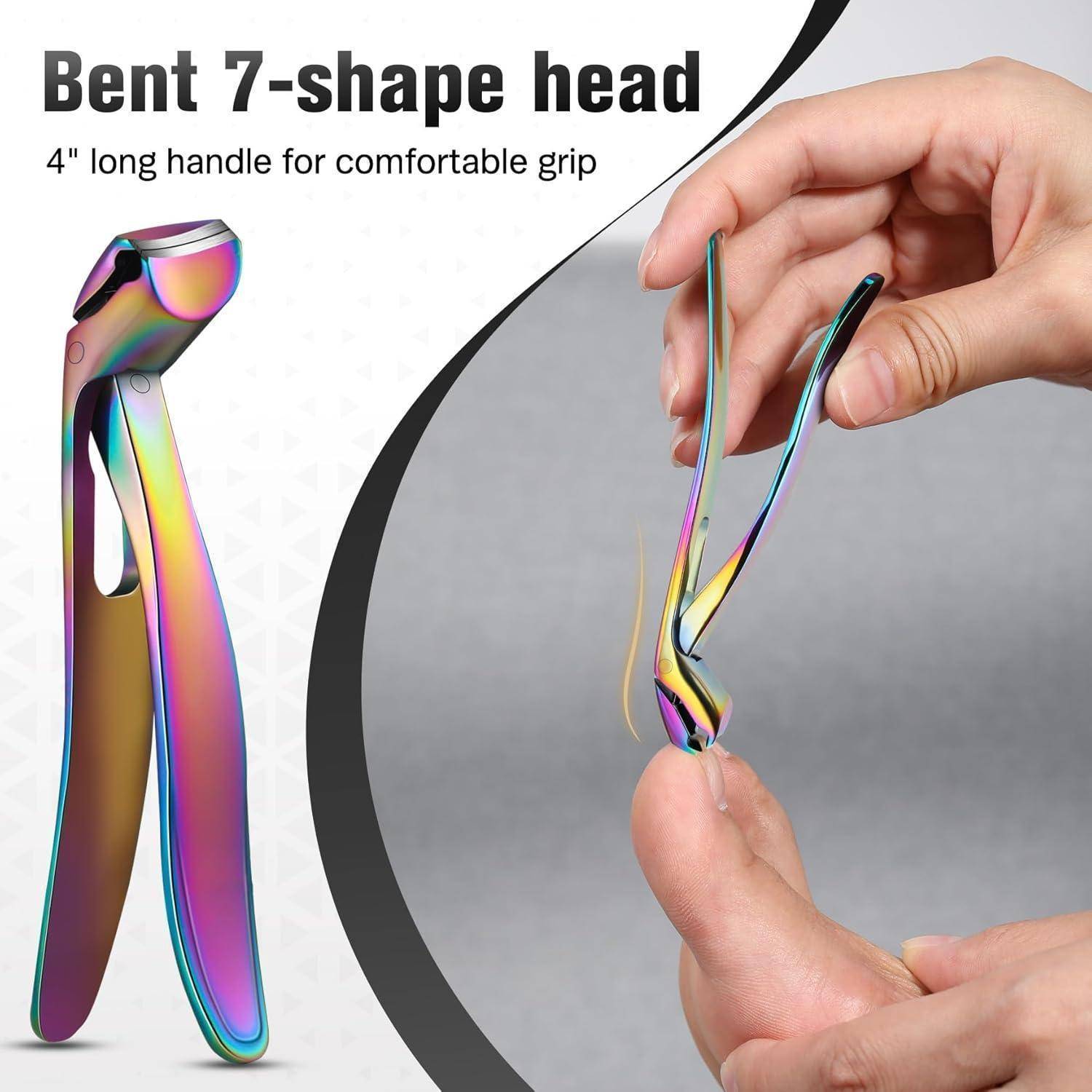 Hand, die einen Zehennagelschneider mit Regenbogen-Finish, einem gebogenen 7-förmigen Kopf und einem 4 Zoll langen Griff für bequeme Handhabung hält.